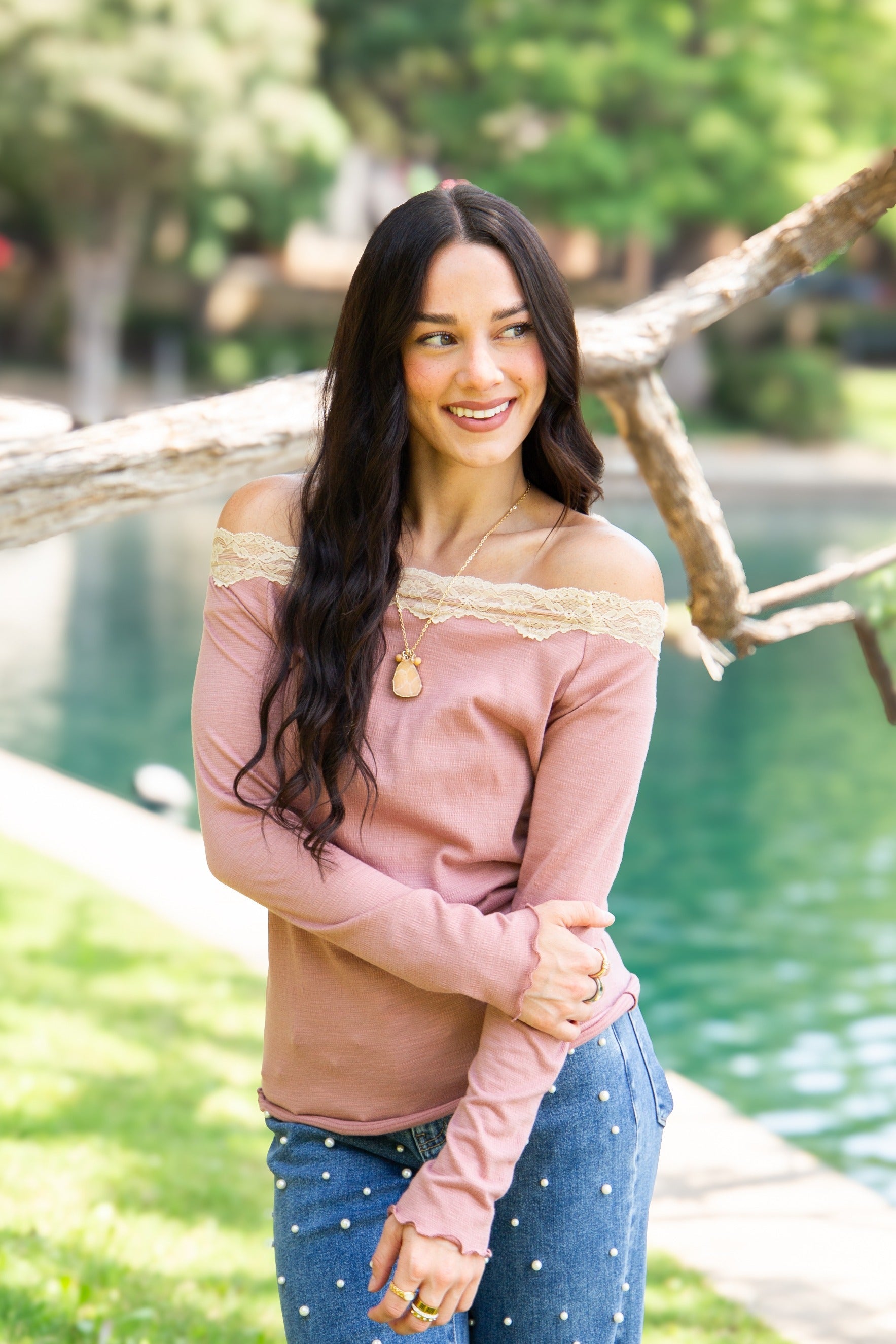Longsleeve Off-the-Shoulder Top with Lace Trim, Mauve