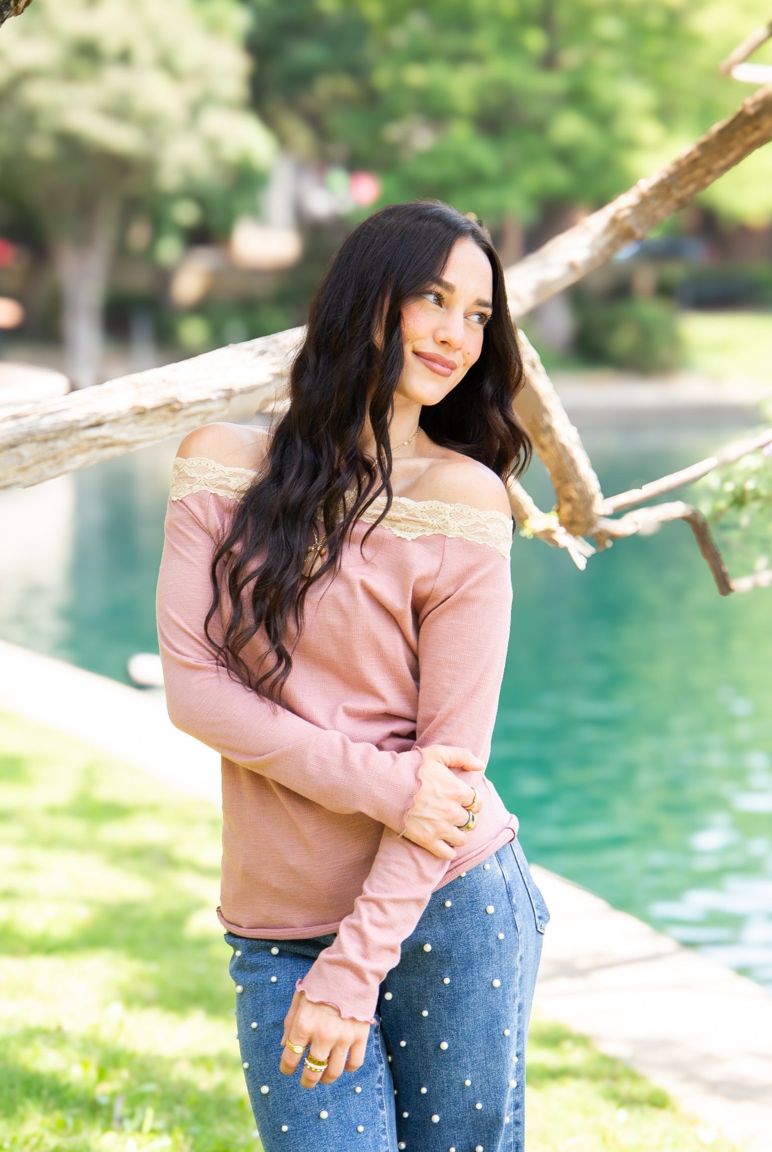 Longsleeve Off-the-Shoulder Top with Lace Trim, Mauve