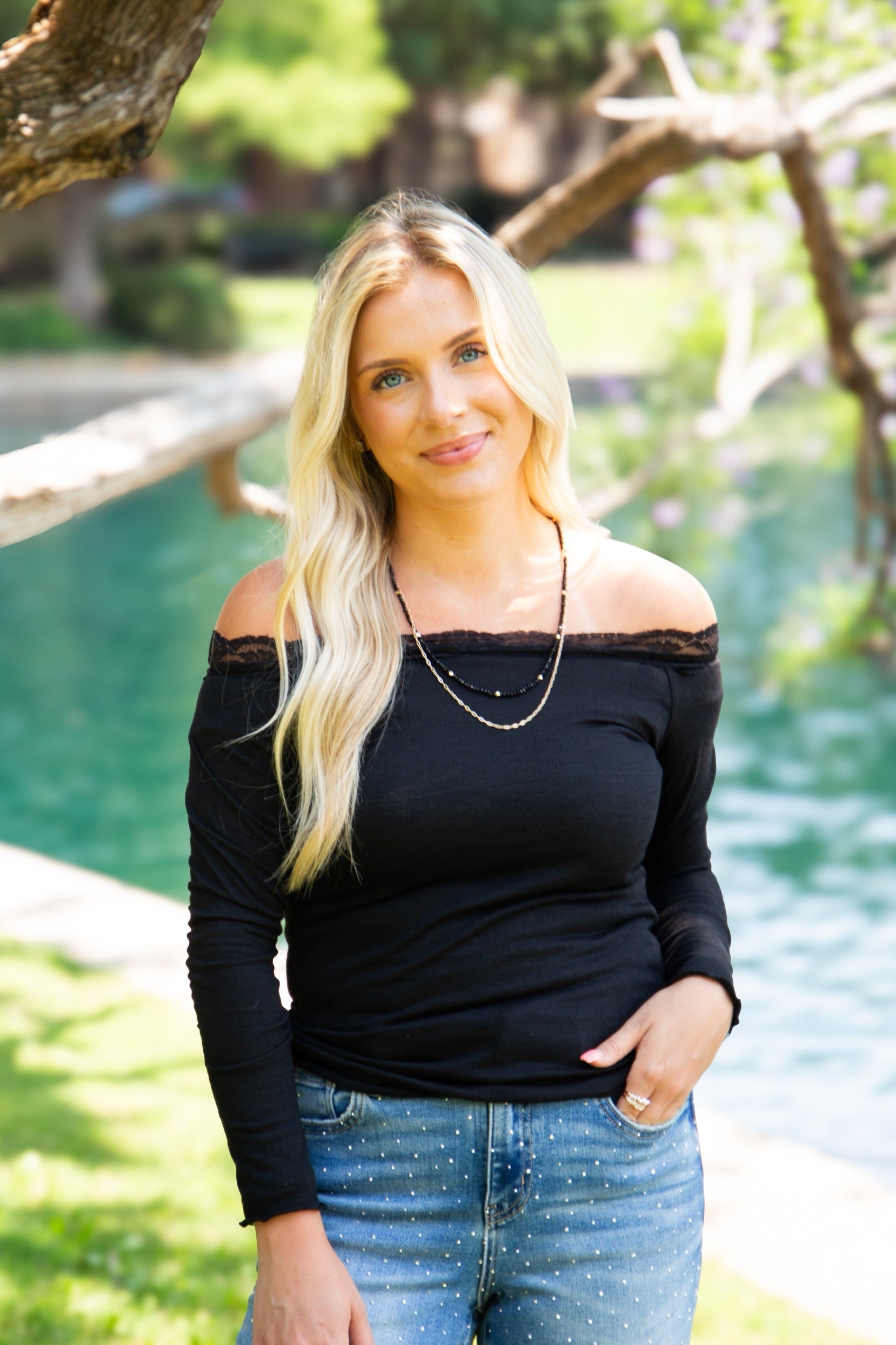 Longsleeve Off-the-Shoulder Top with Lace Trim, Black