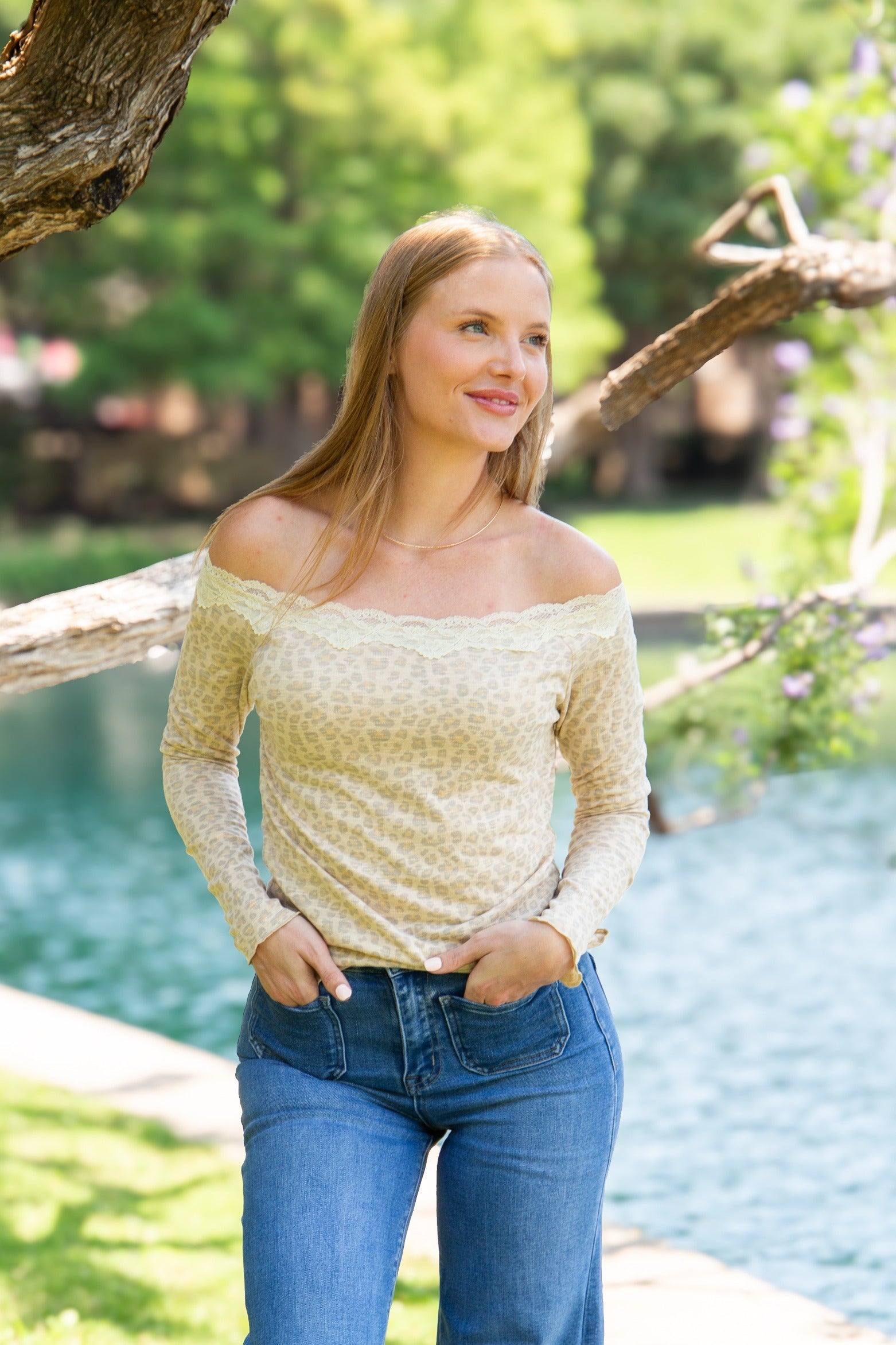 Longsleeve Off-the-Shoulder Top with Lace Trim, Leopard