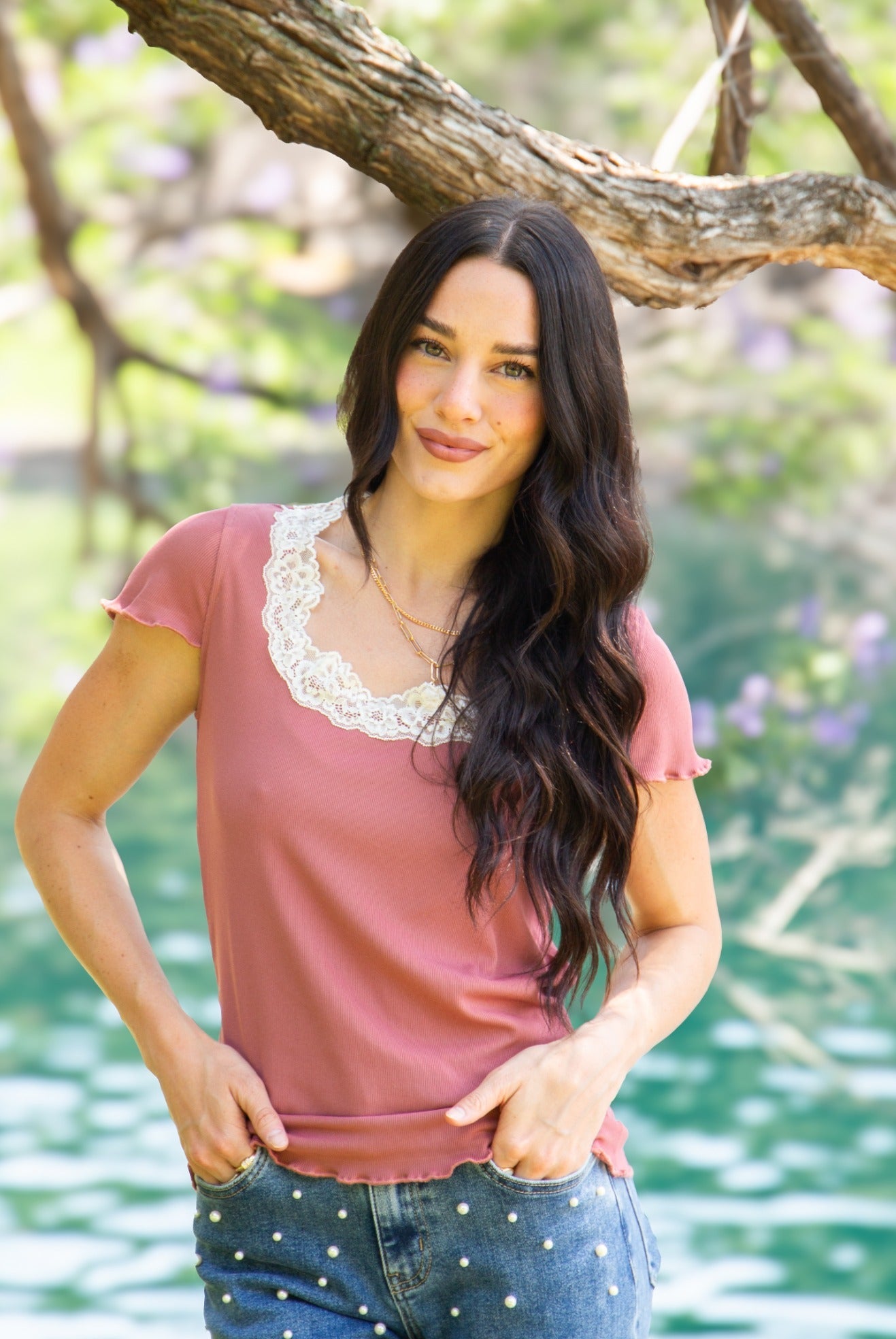 Square Neck Tee with Lace Trim, Mauve