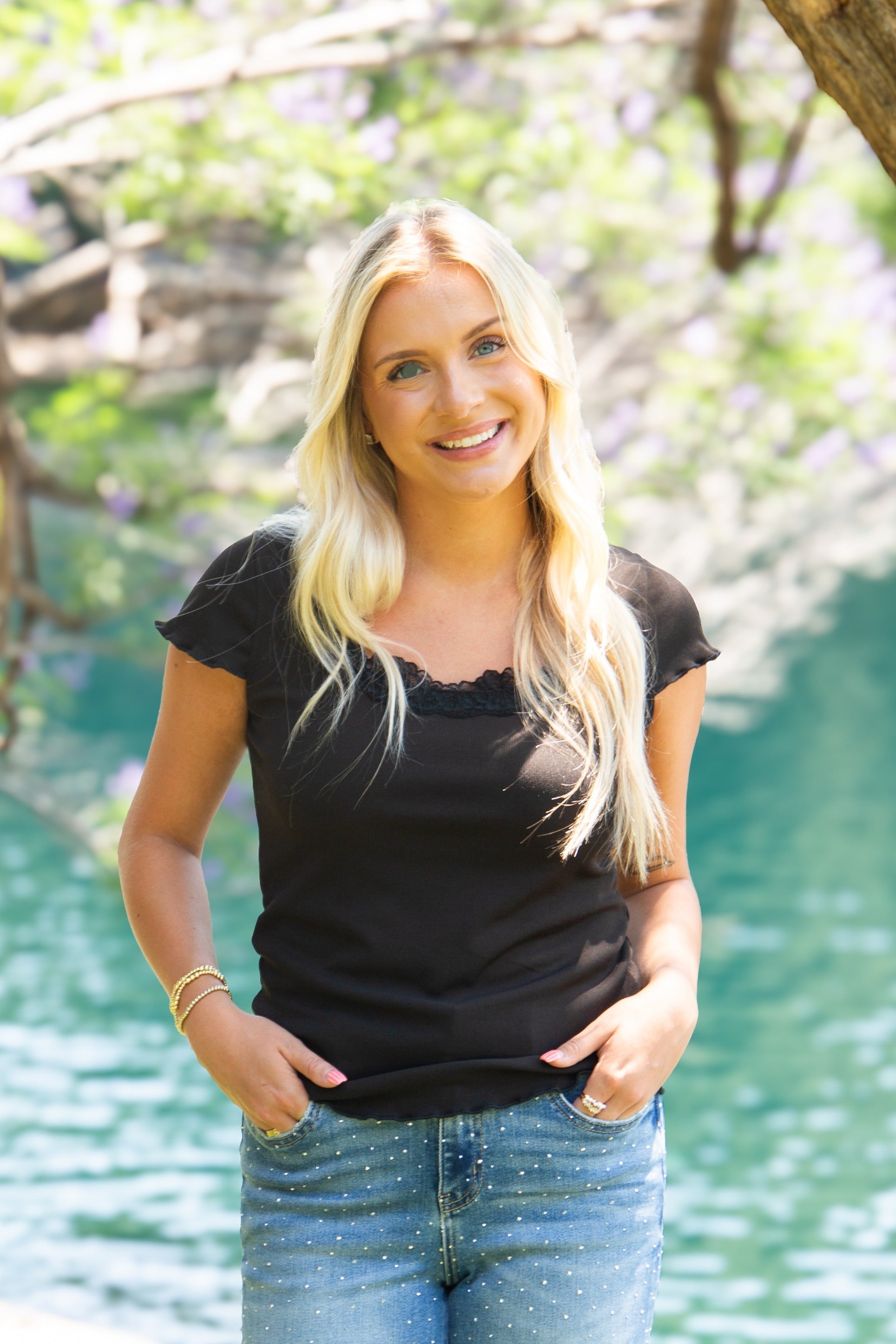 Square Neck Tee with Lace Trim, Black