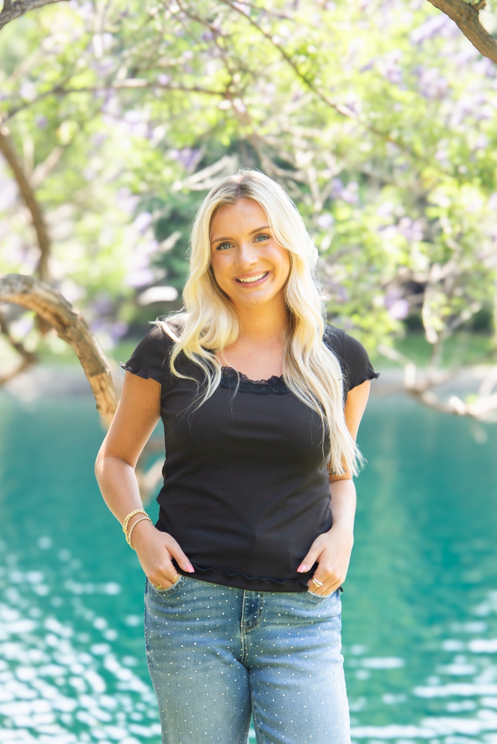 Square Neck Tee with Lace Trim, Black