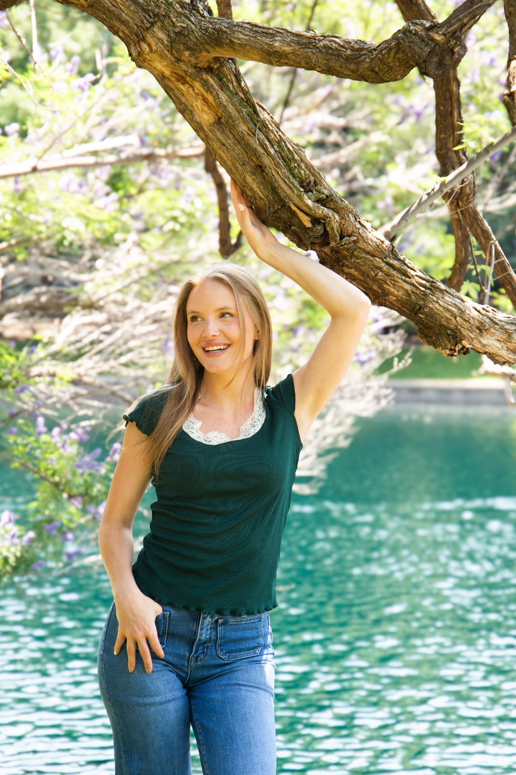 Square Neck Tee with Lace Trim, Forest Green