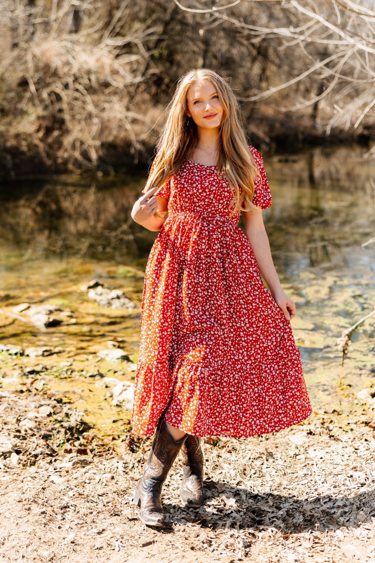 Puff Sleeve Midi Dress, Red Floral