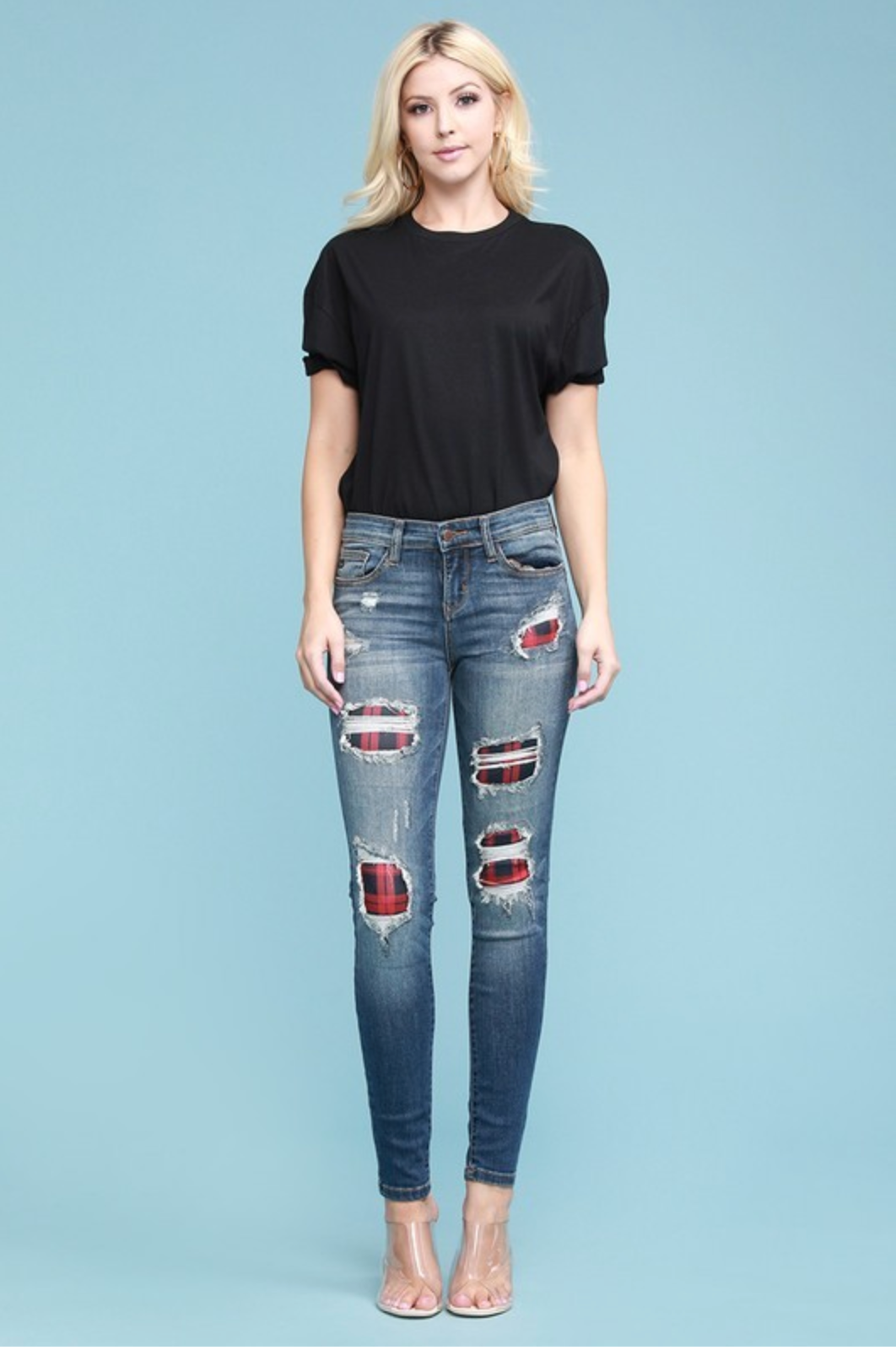 Red Plaid Patched Judy Blue Skinnies