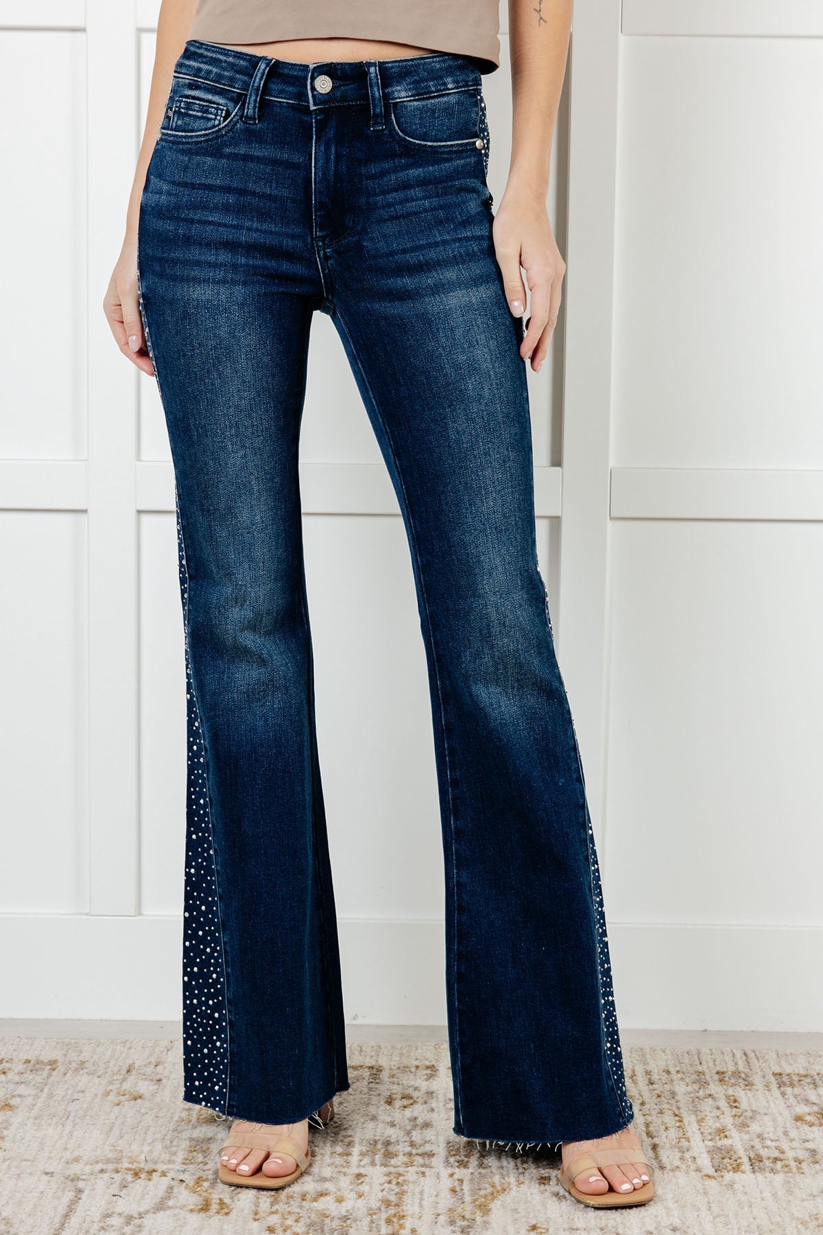 Mid Rise Rhinestone Detail Flare Jeans