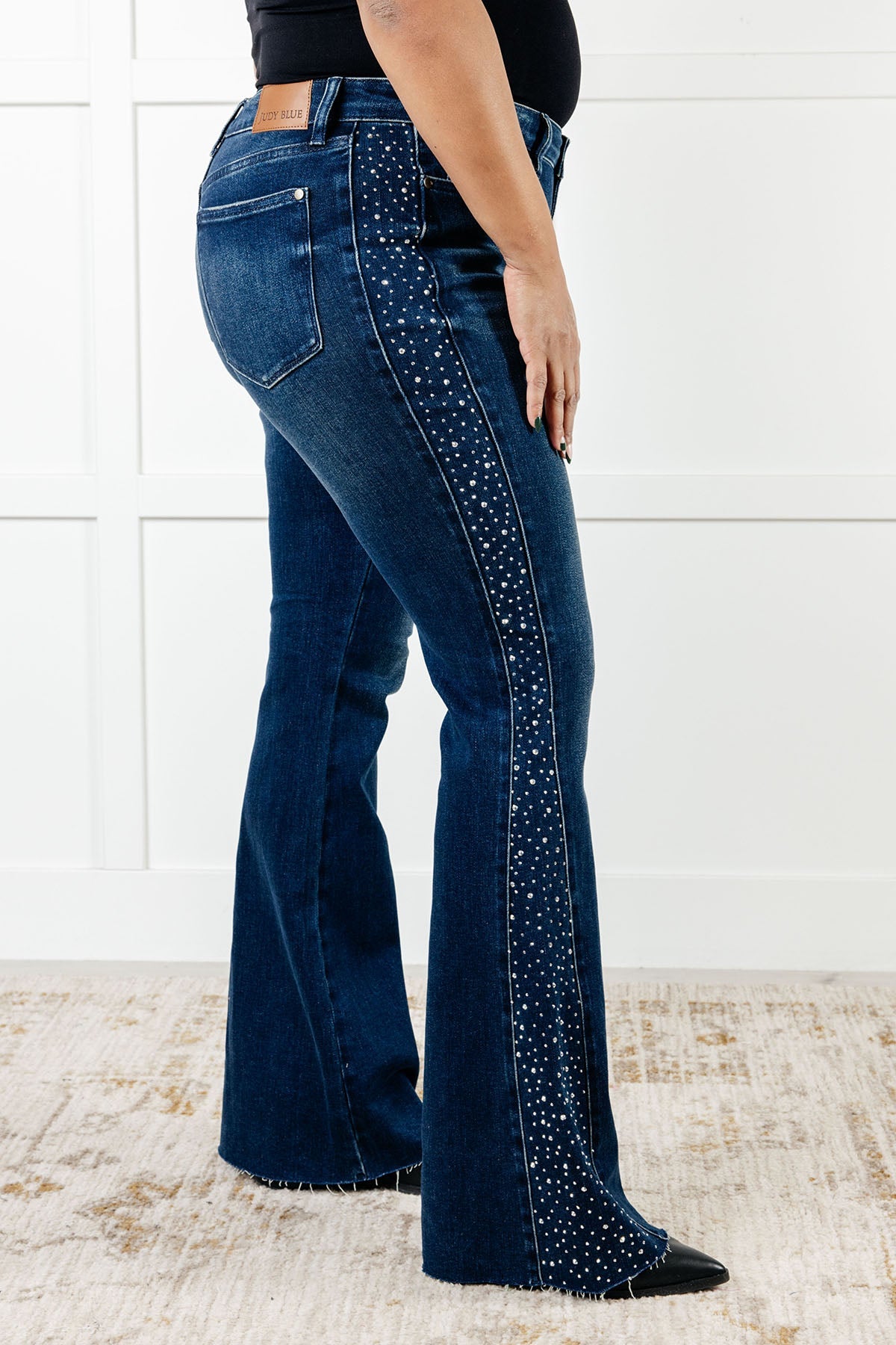 Mid Rise Rhinestone Detail Flare Jeans