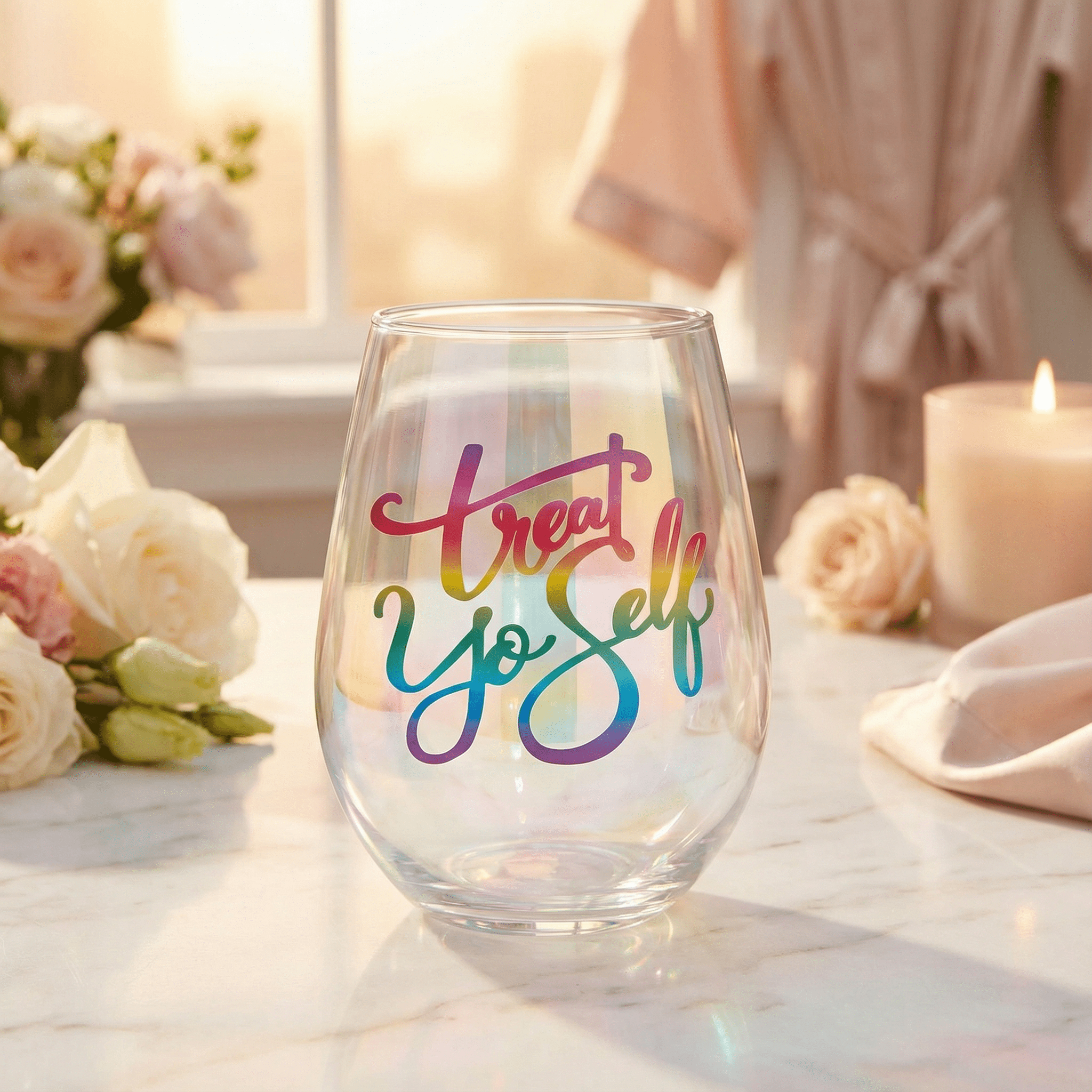 Treat Yo Self Jumbo Stemless Wine Glass in Rainbow Colors | 30 Oz