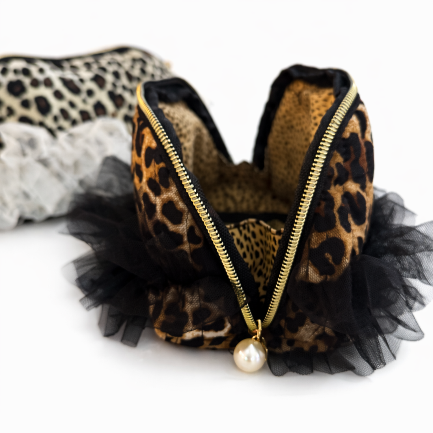 Tulle Laced Leopard Cosmetic Case – Sassy & Feminine Pouch for Makeup, Travel, or Everyday Use