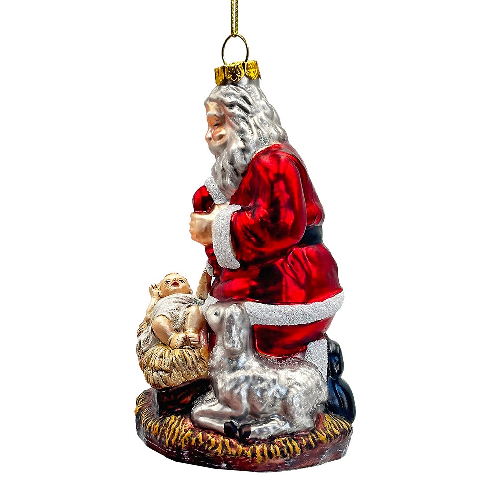Innocent Santa and Baby Jesus Handblown Glass Christmas Ornament, Nativity Christian Holiday Decor