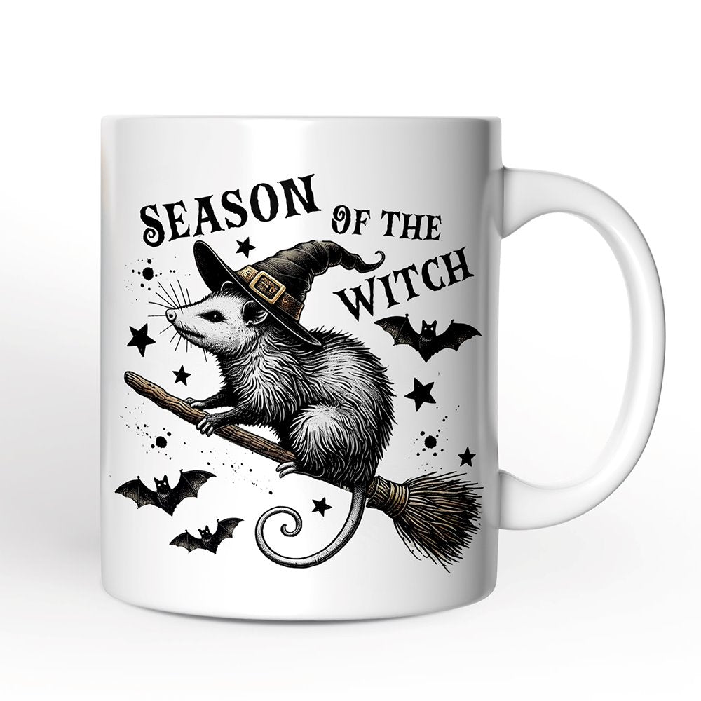 Funny Opossum Witch with Broom Personalized Mug, Vintage Halloween Gift with Custom Name