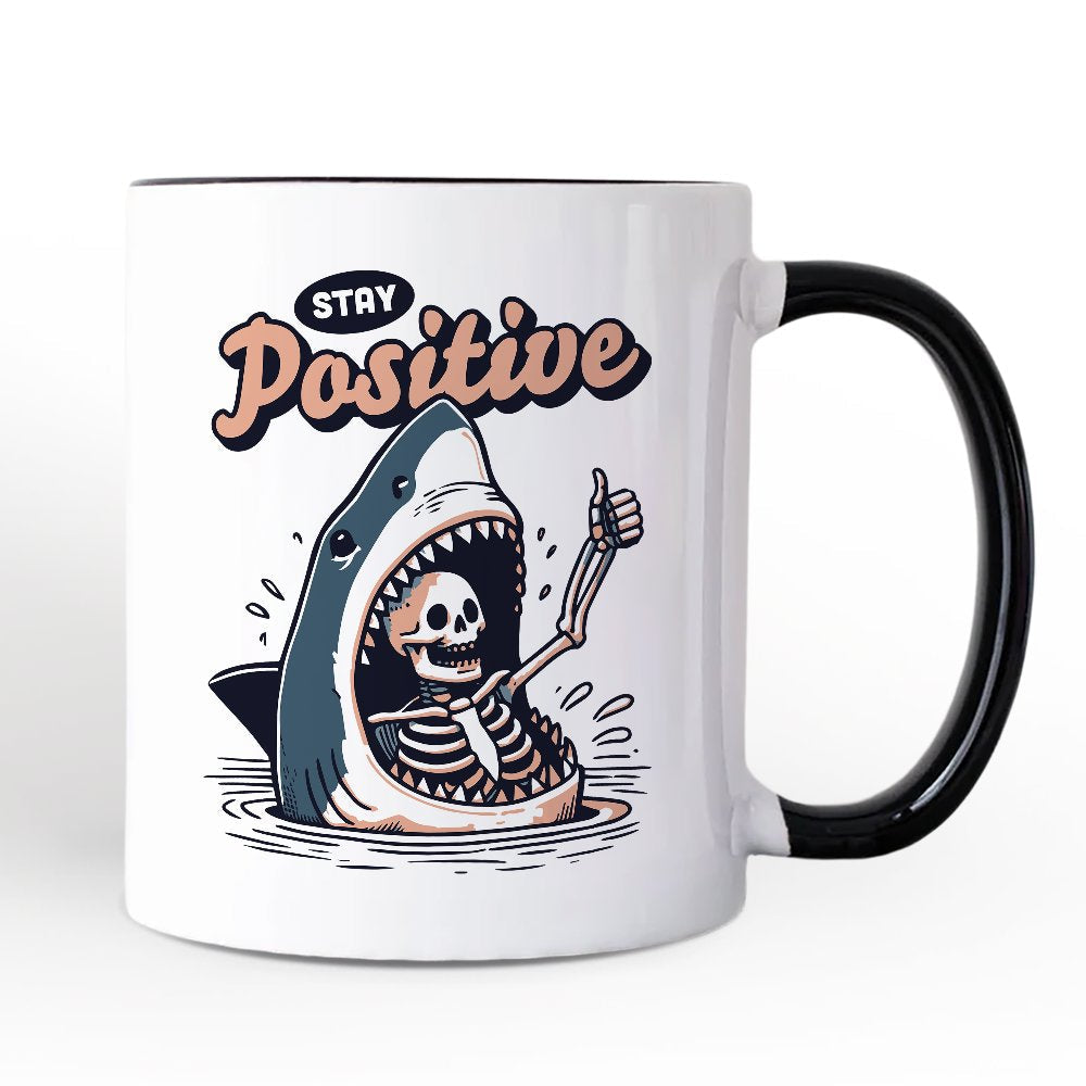 Stay Positive Funny Shark and Skeleton Personalized Mug