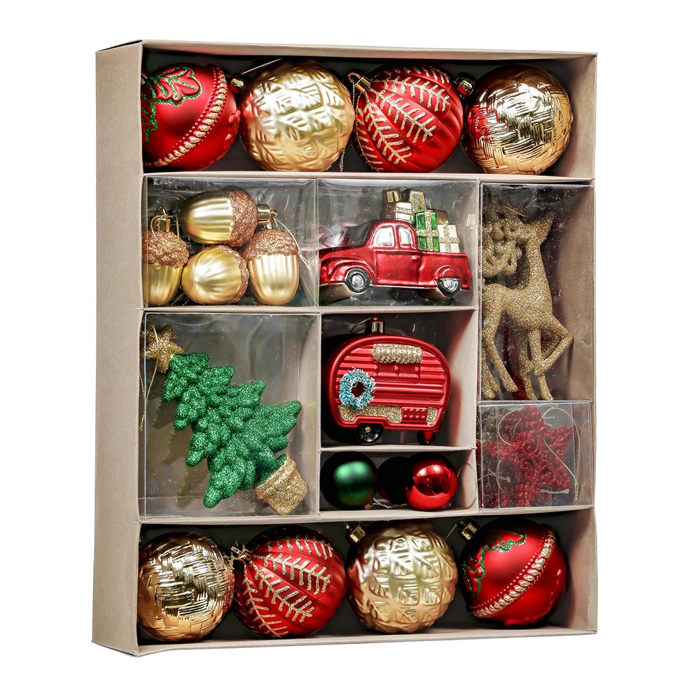 Rustic Christmas Adventure Ornament Bauble 60 Piece Set, Camping Truck, Acorns, Woods Theme