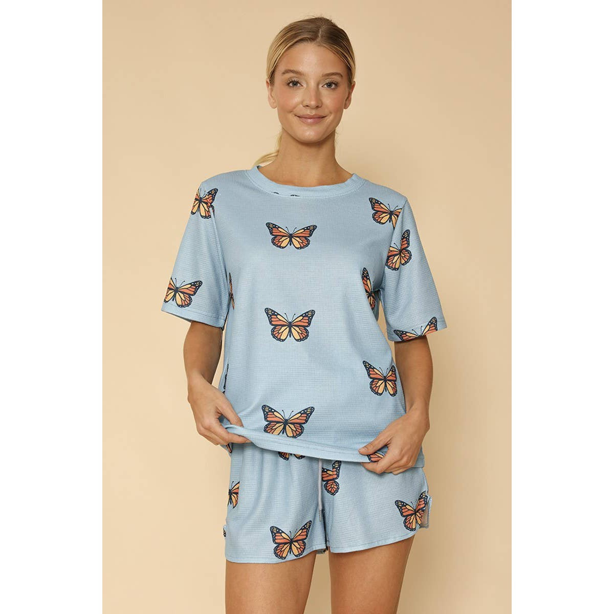 Waffle Fabric Printed Matching Shorts Set