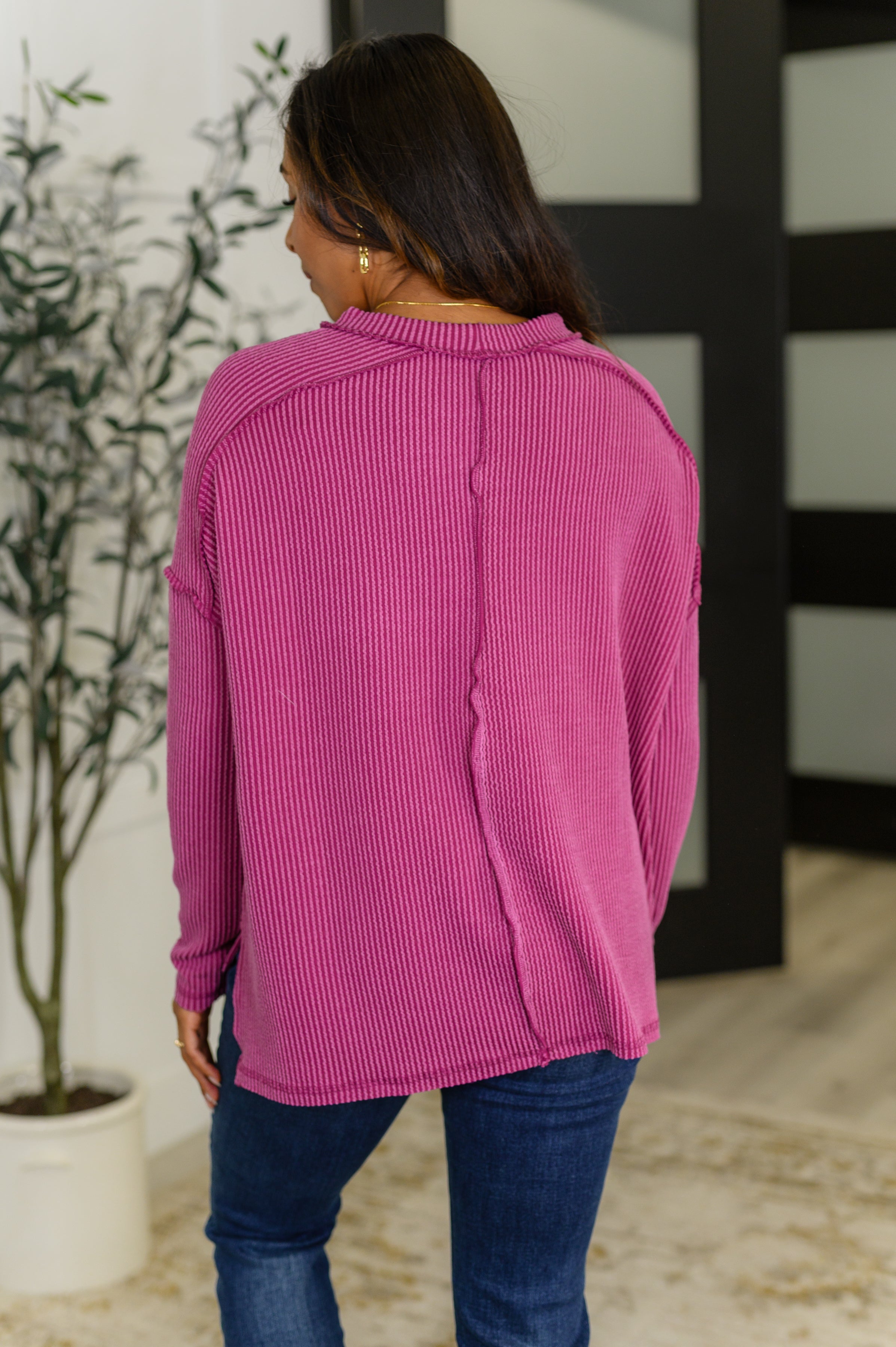 Wander & Rest Cable Ribbed Knit Drop Shoulder Top in Plum