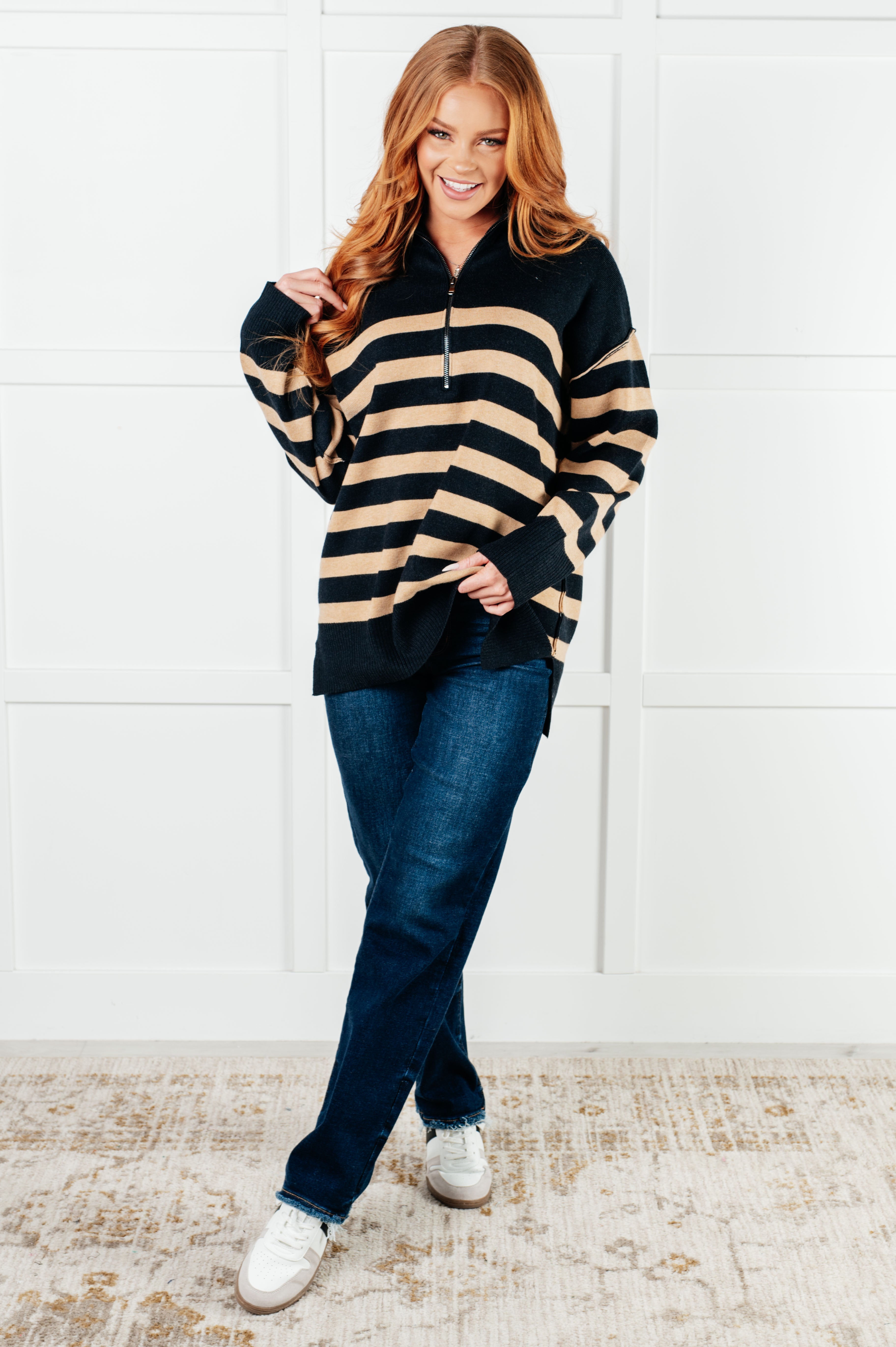 Well Situated Striped Quarter Zip Sweater