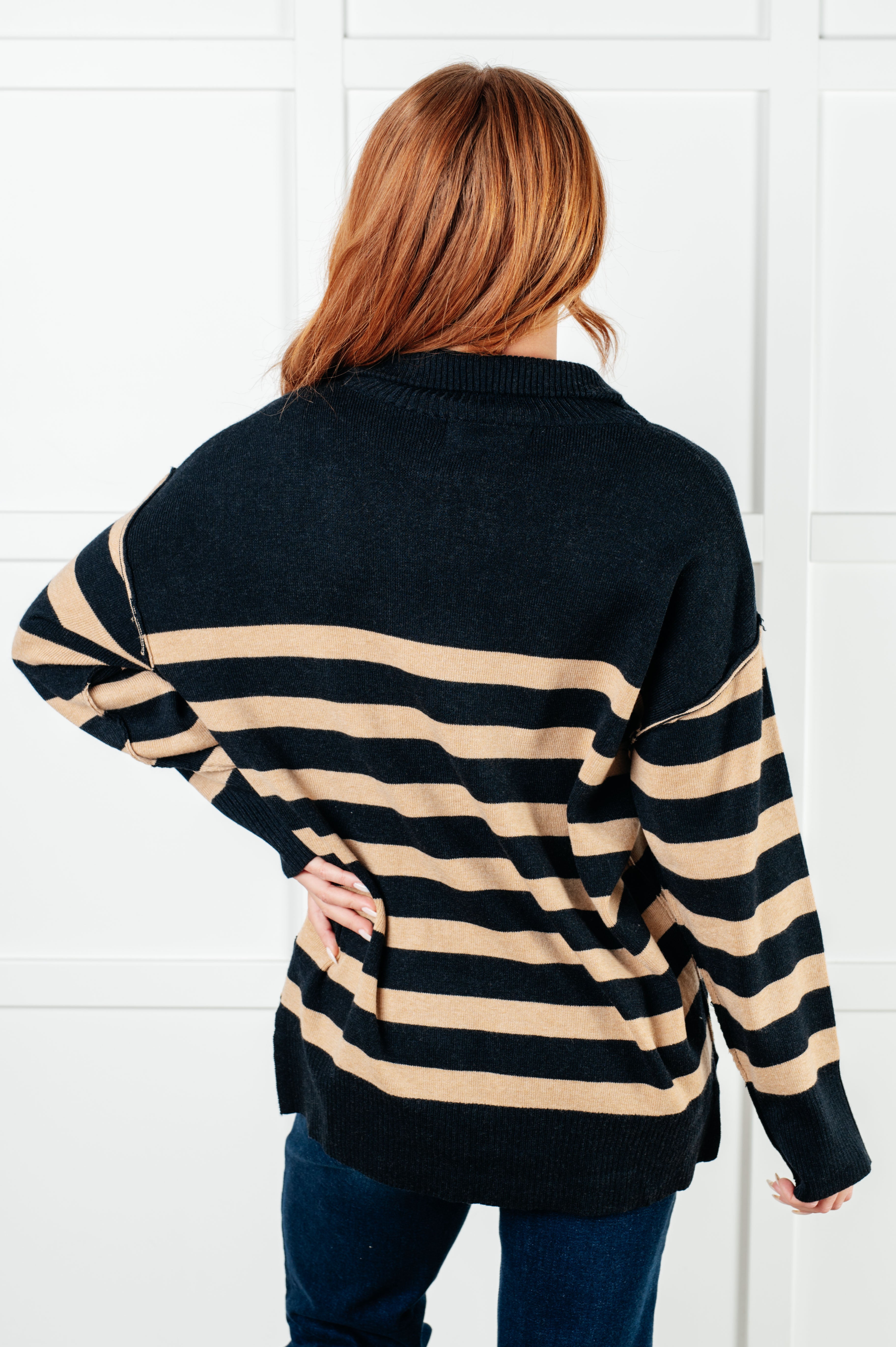 Well Situated Striped Quarter Zip Sweater