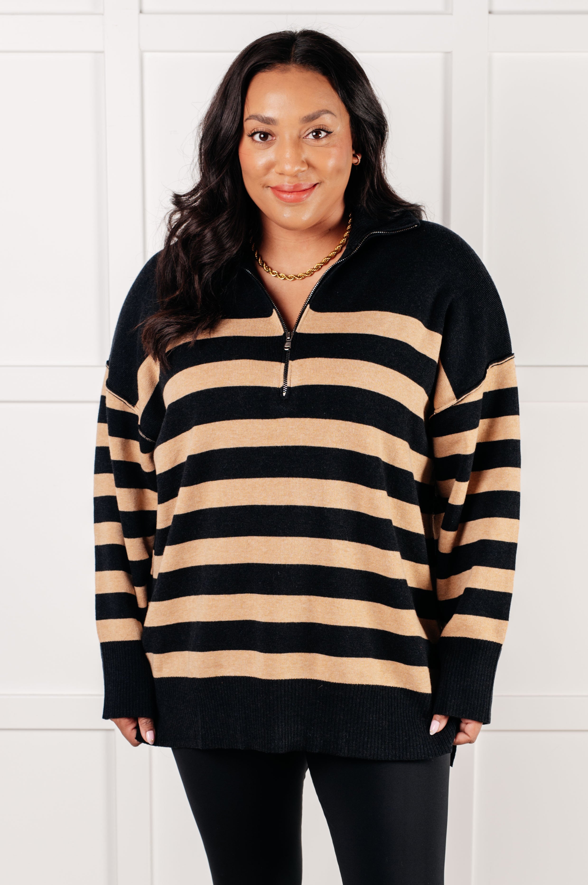 Well Situated Striped Quarter Zip Sweater