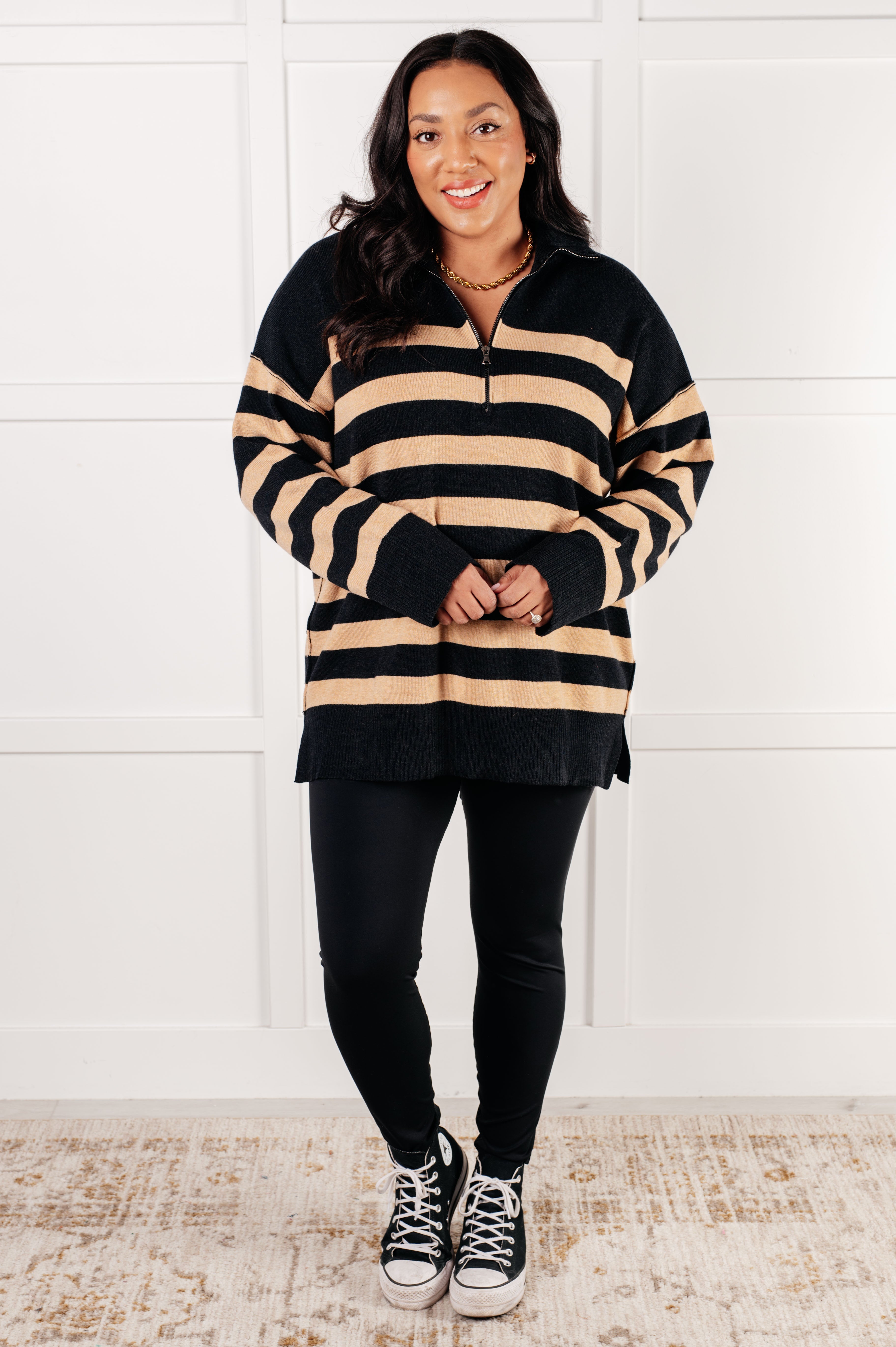 Well Situated Striped Quarter Zip Sweater