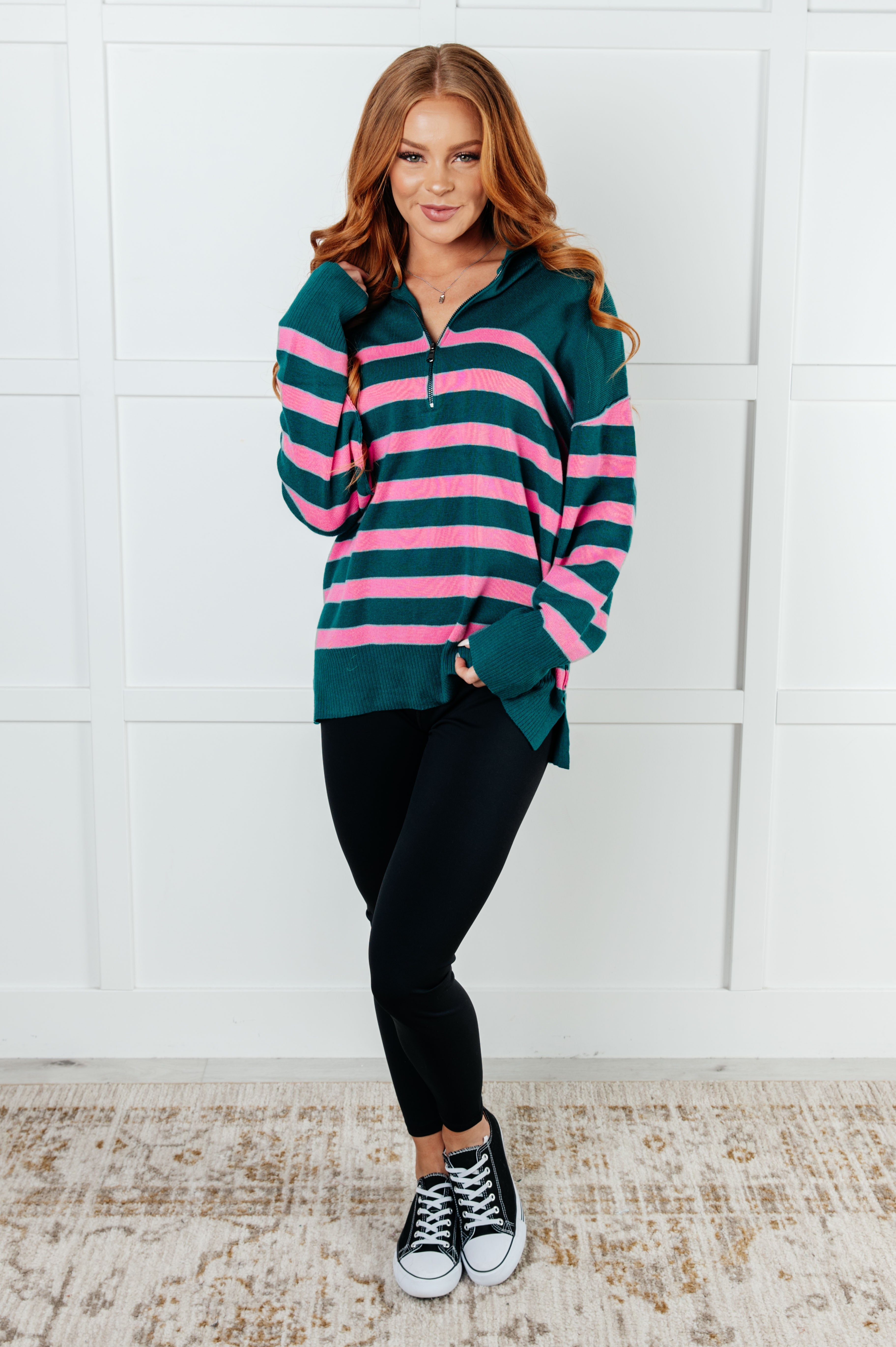 Well Situated Striped Quarter Zip Sweater