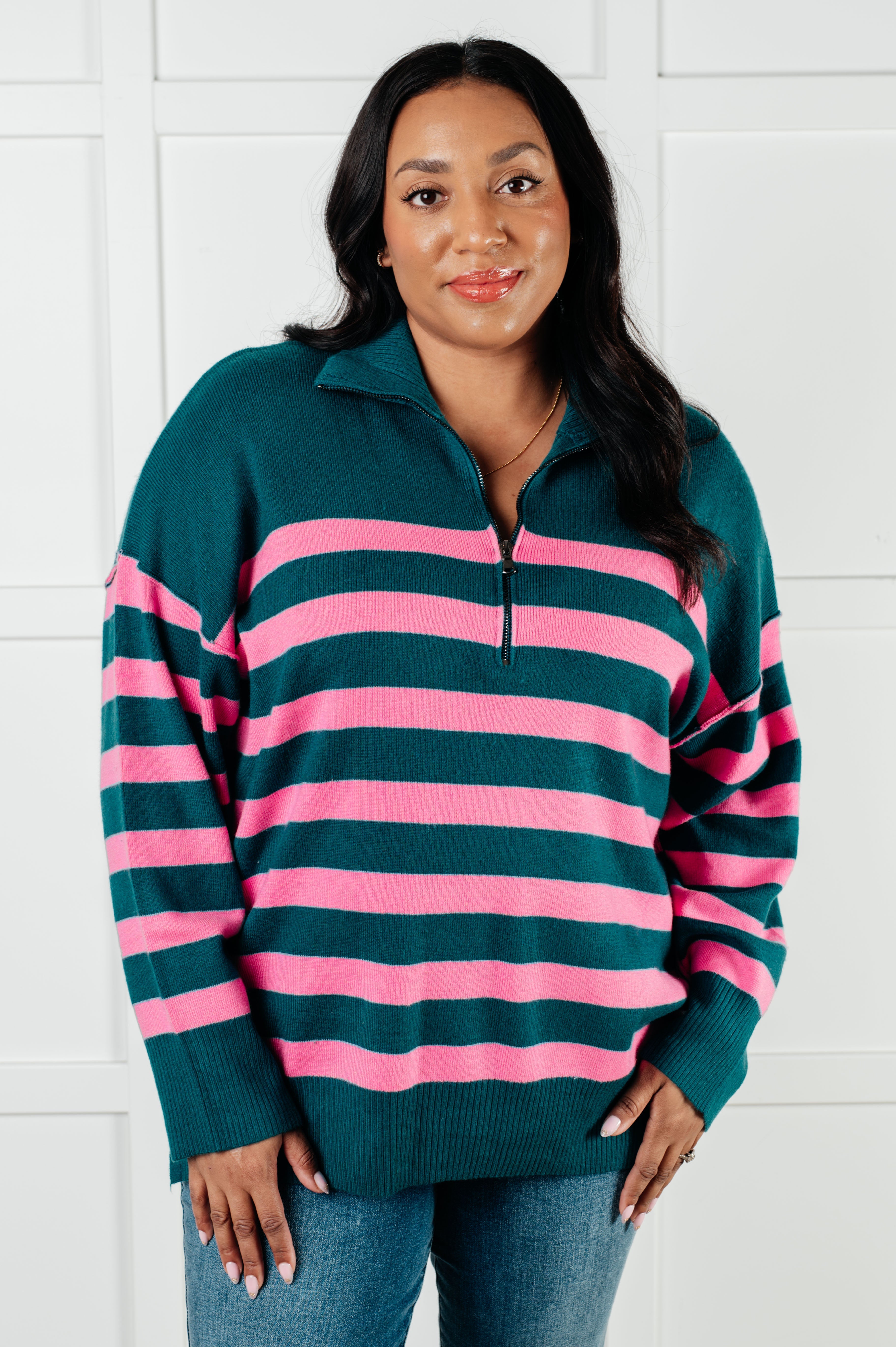 Well Situated Striped Quarter Zip Sweater