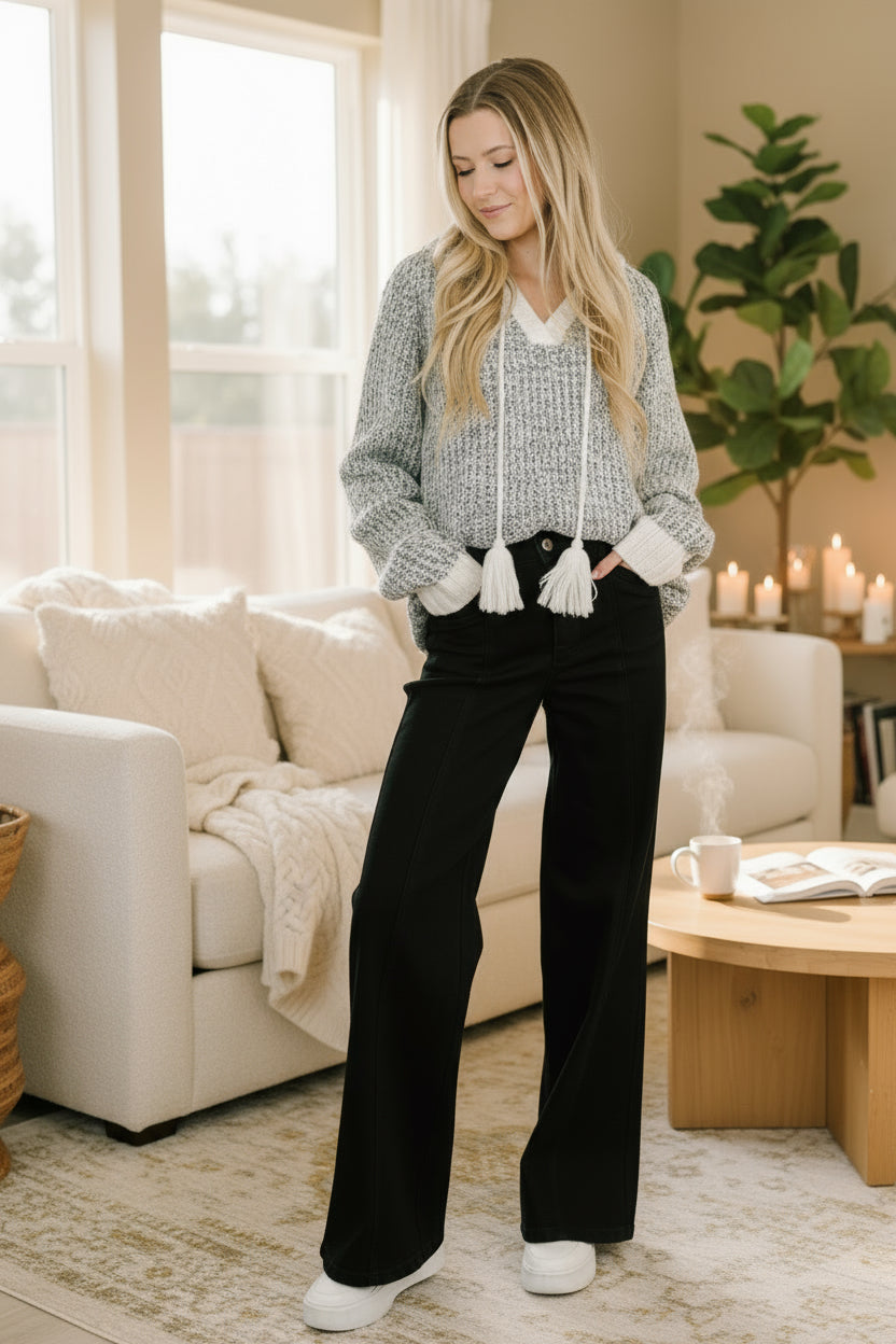 Who Can Live Without it Textured Split Neck Pullover