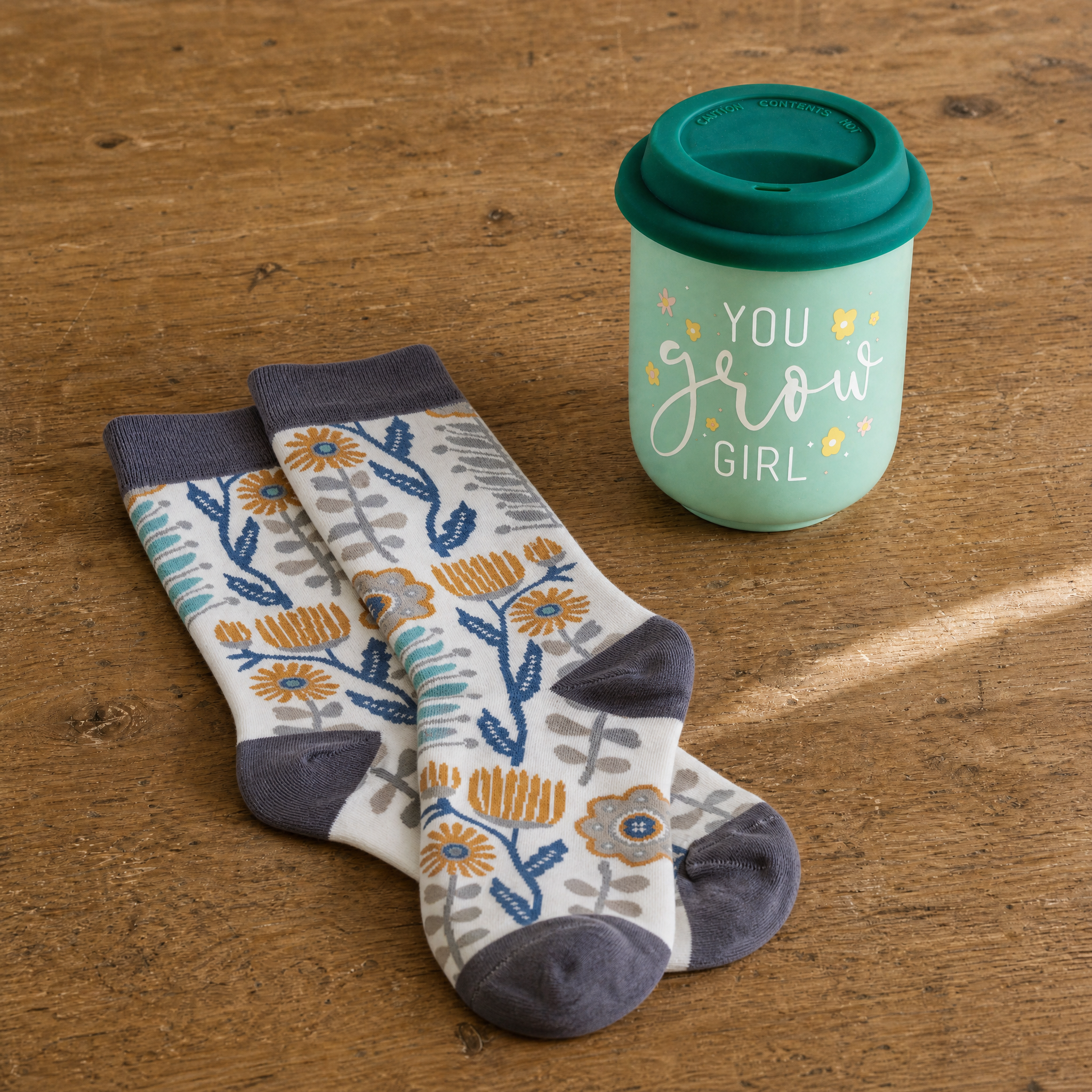 You Grow Girl Gift Set | Travel Mug & Folk Art Floral Socks in Gift Bag