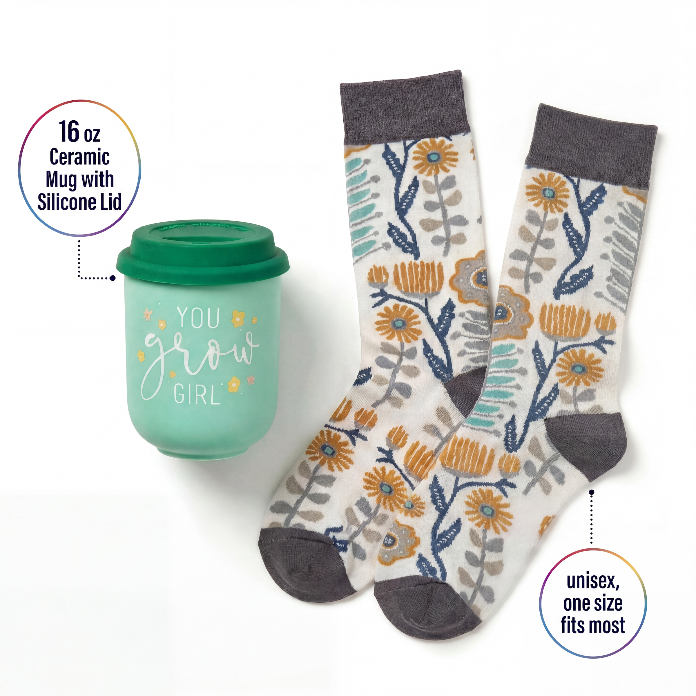 You Grow Girl Gift Set | Travel Mug & Folk Art Floral Socks in Gift Bag