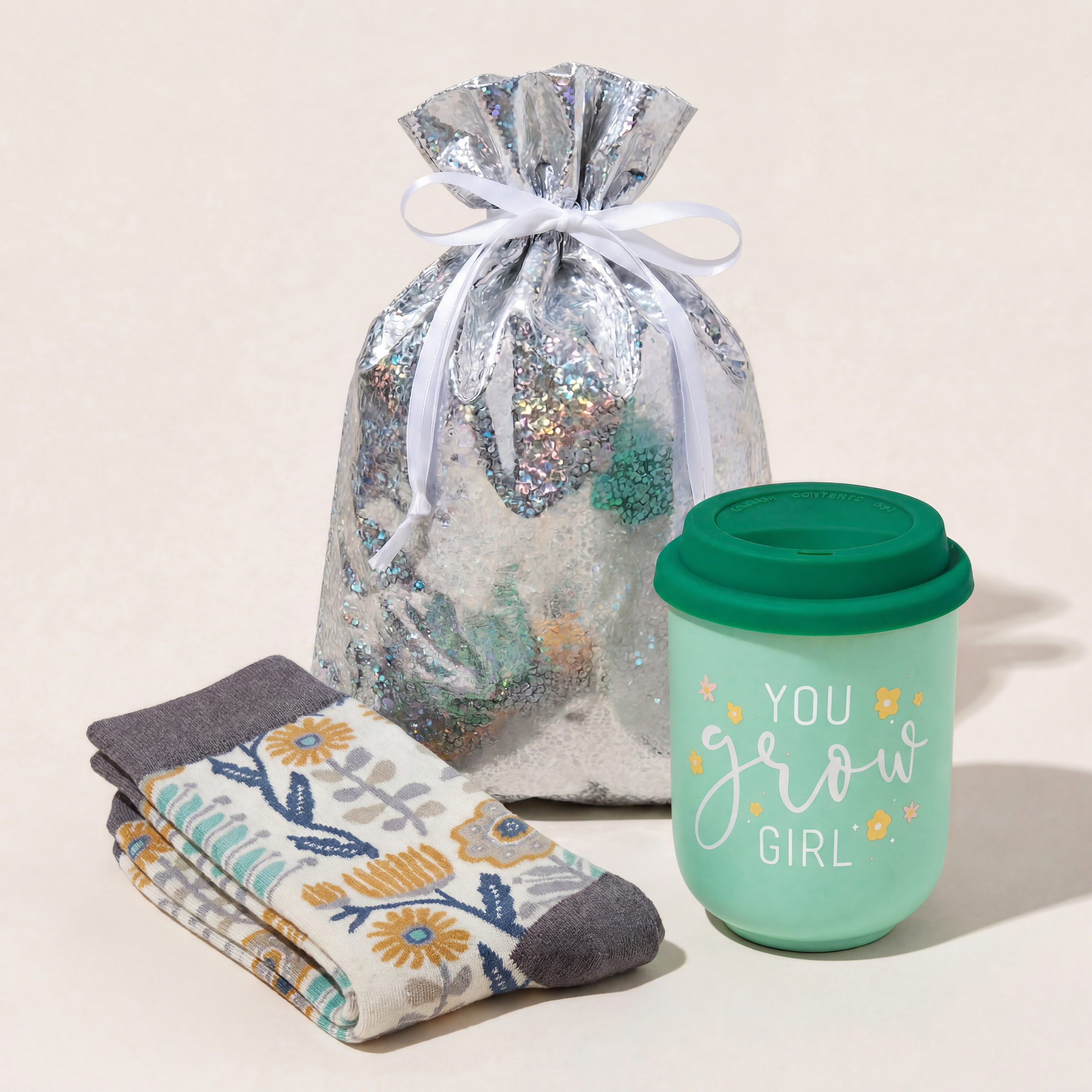 You Grow Girl Gift Set | Travel Mug & Folk Art Floral Socks in Gift Bag