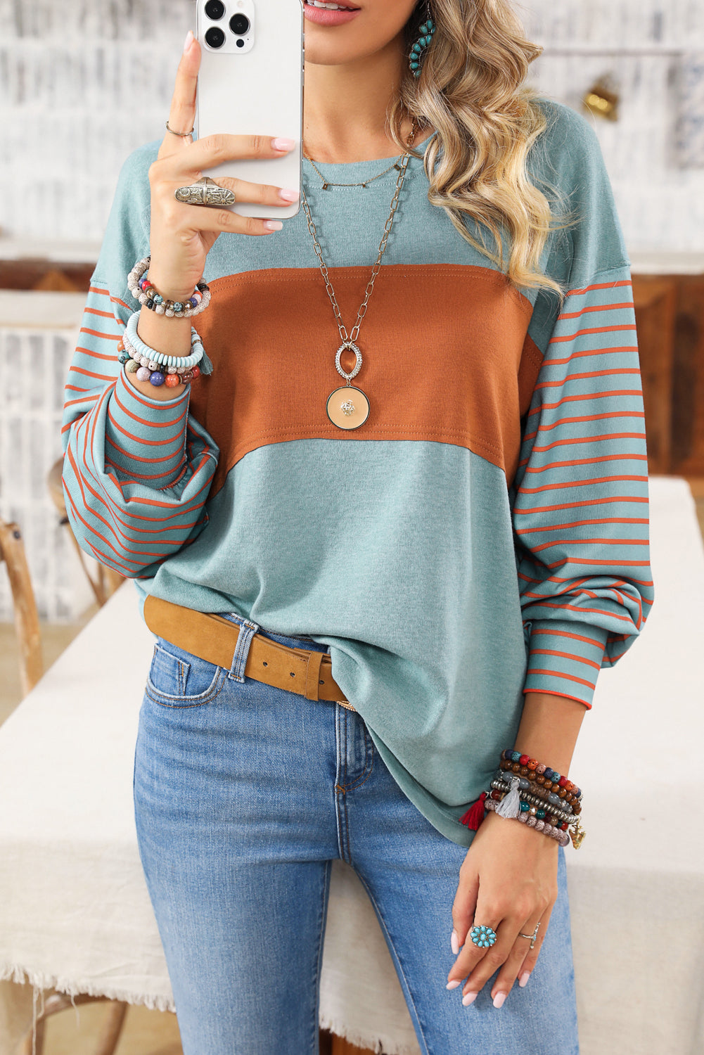PRE-ORDER: Green Colorblock Striped Bishop Sleeve Top