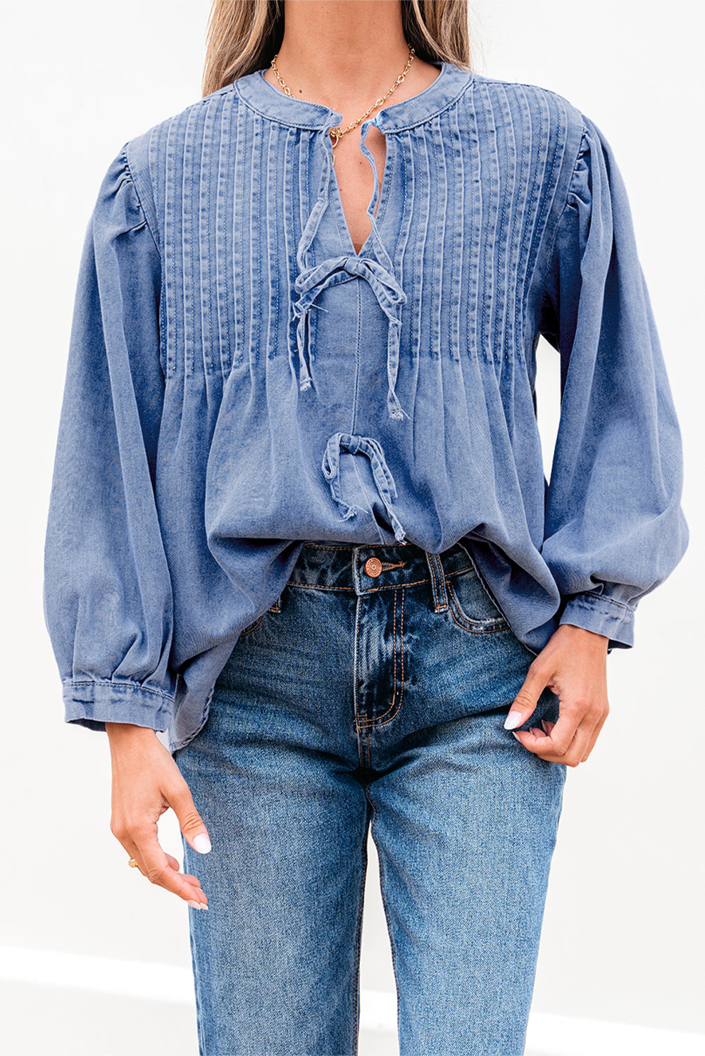 Denim Blue Front Pintuck Bow Tie Puff Sleeve Blouse