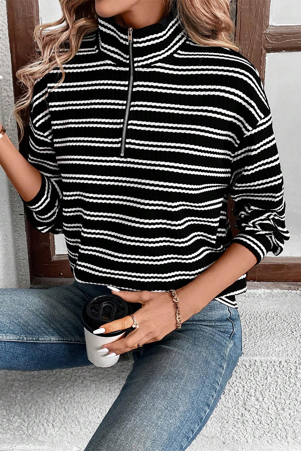 Black Stripe Textured Quarter Zip