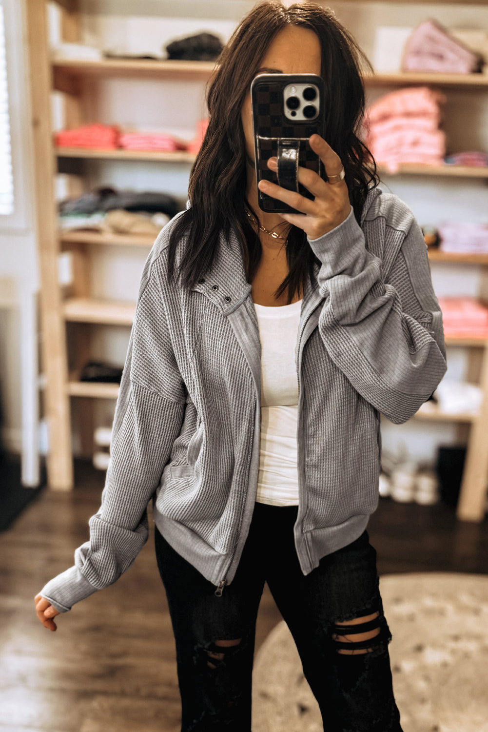 Waffle Splicing Zip Up Front Button Hooded Jacket
