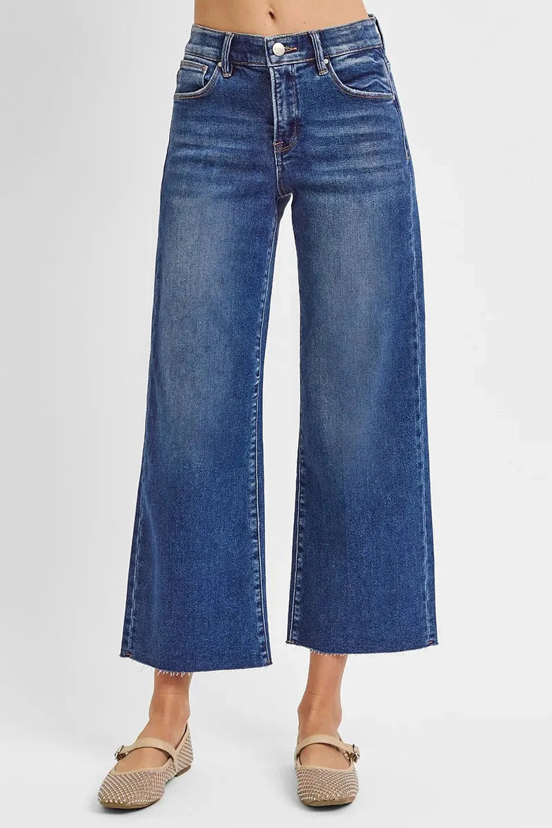 High Rise Raw Hem Cropped Wide Leg Jeans