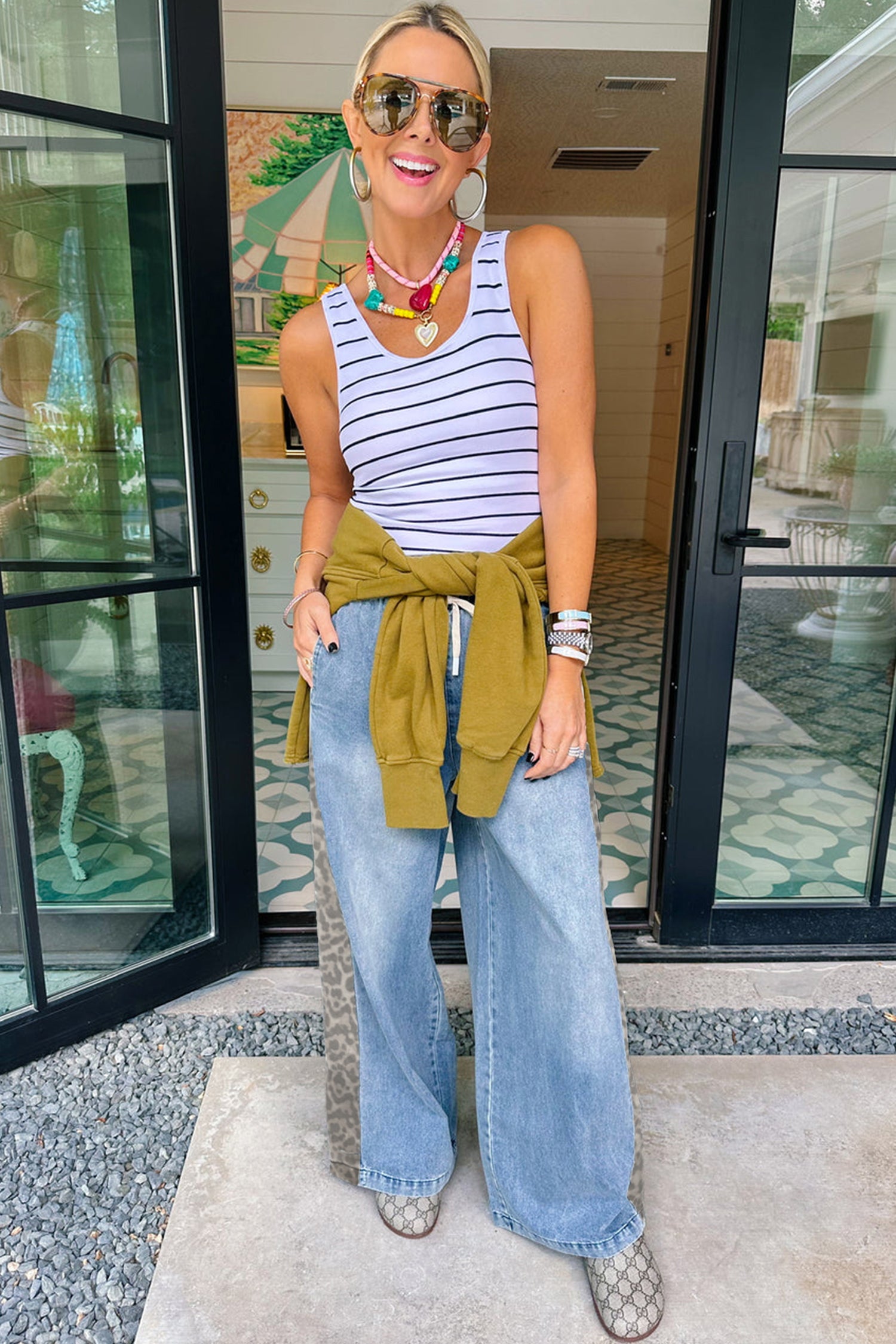 PRE-ORDER: Beau Blue Drawstring Elastic Waist Leopard Striped Side Panel Wide Leg Jeans