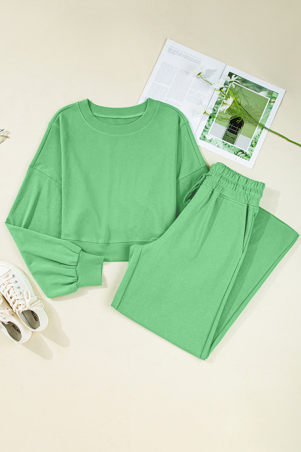 Drop Shoulder Crop Pullover Drawstring Wide Leg Pants Set