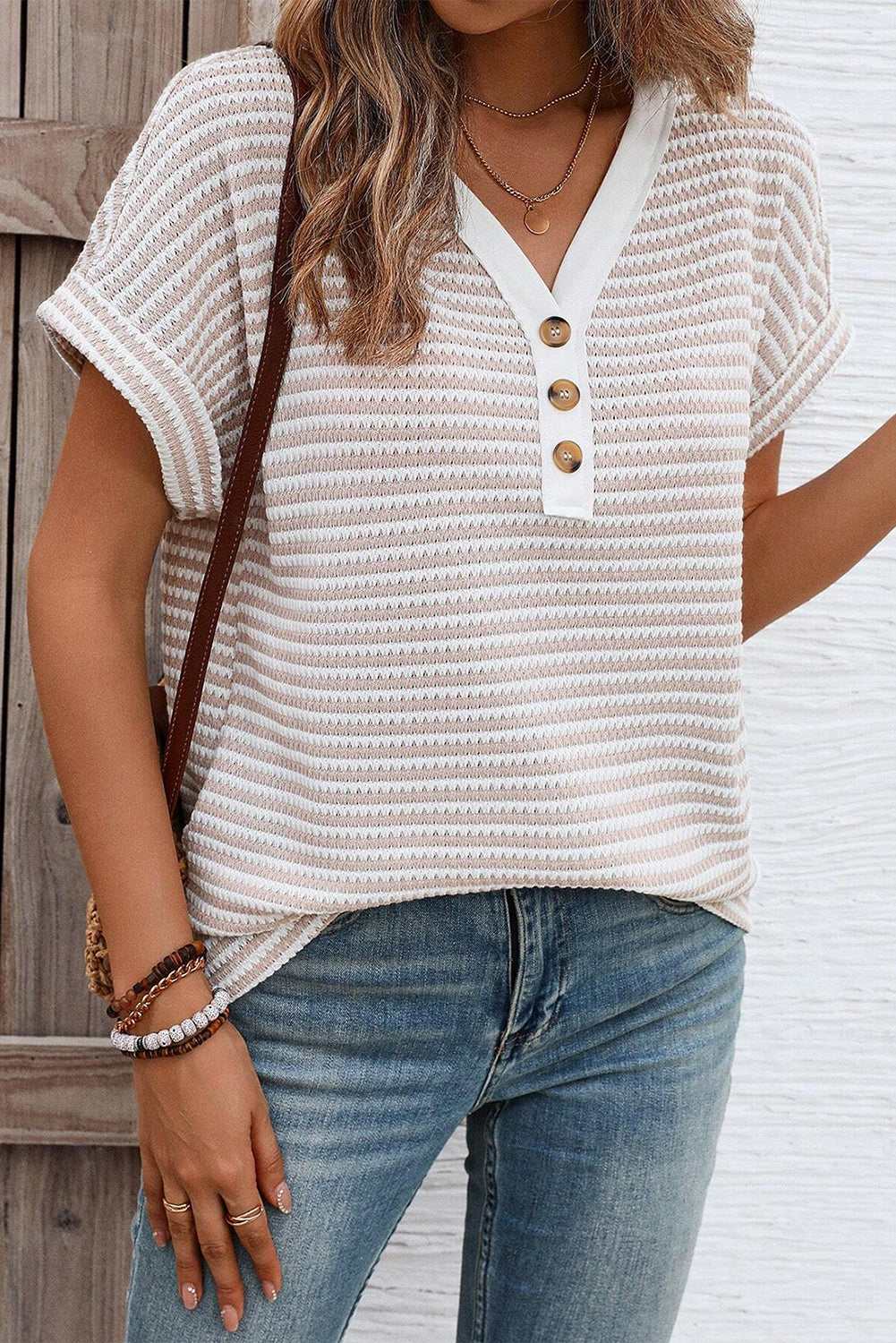 PRE-ORDER: Khaki Striped Button Front V Neck Knitted Top