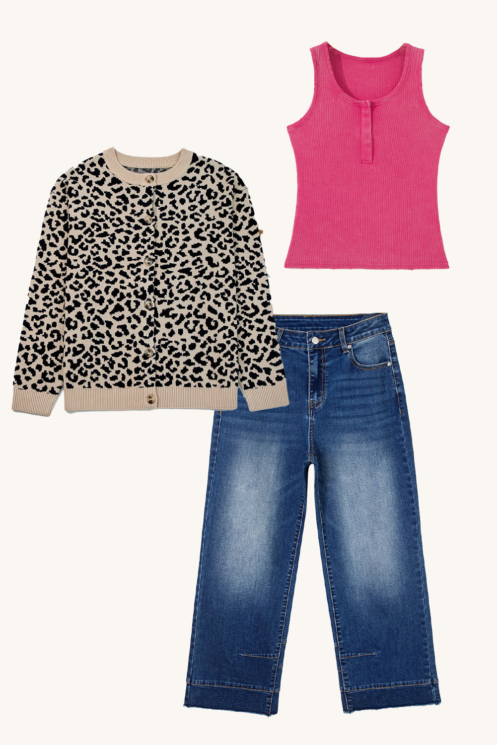 Pink leopard denim three-piece complete look bundle