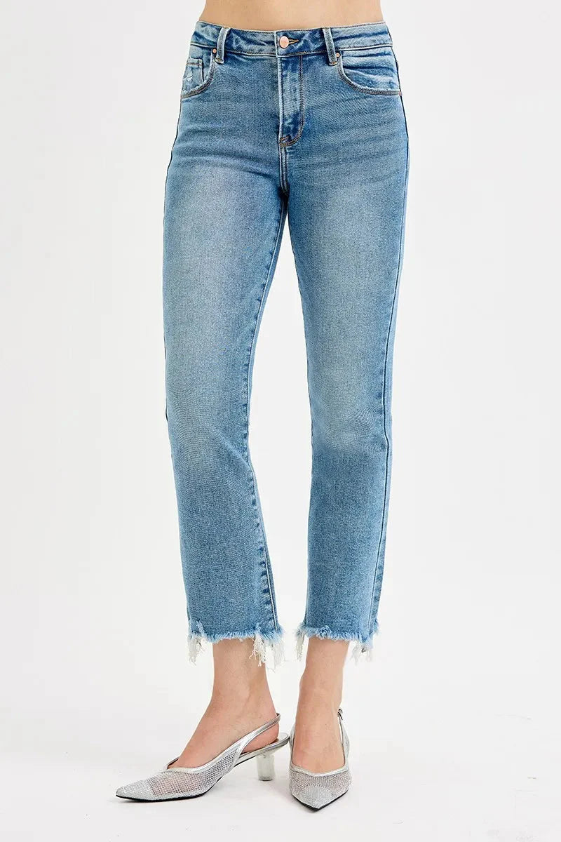 High Rise Crop Straight Slim Medium Wash Jeans