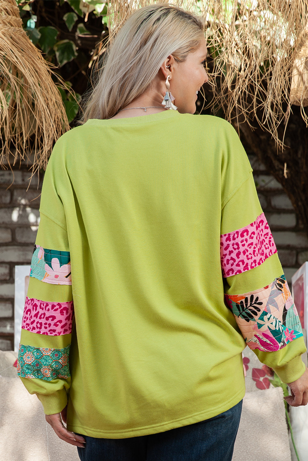 Curvy Printed Patchwork Sleeve Split Sweatshirt