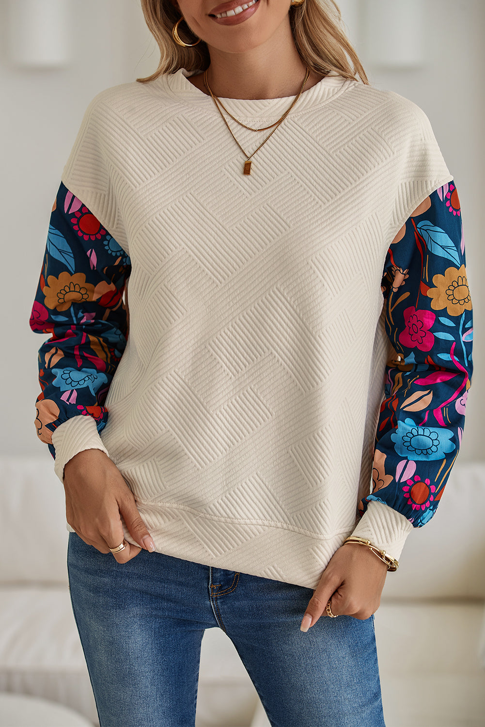 PRE-ORDER: Vintage Flower Patchwork Sleeve Textured Top