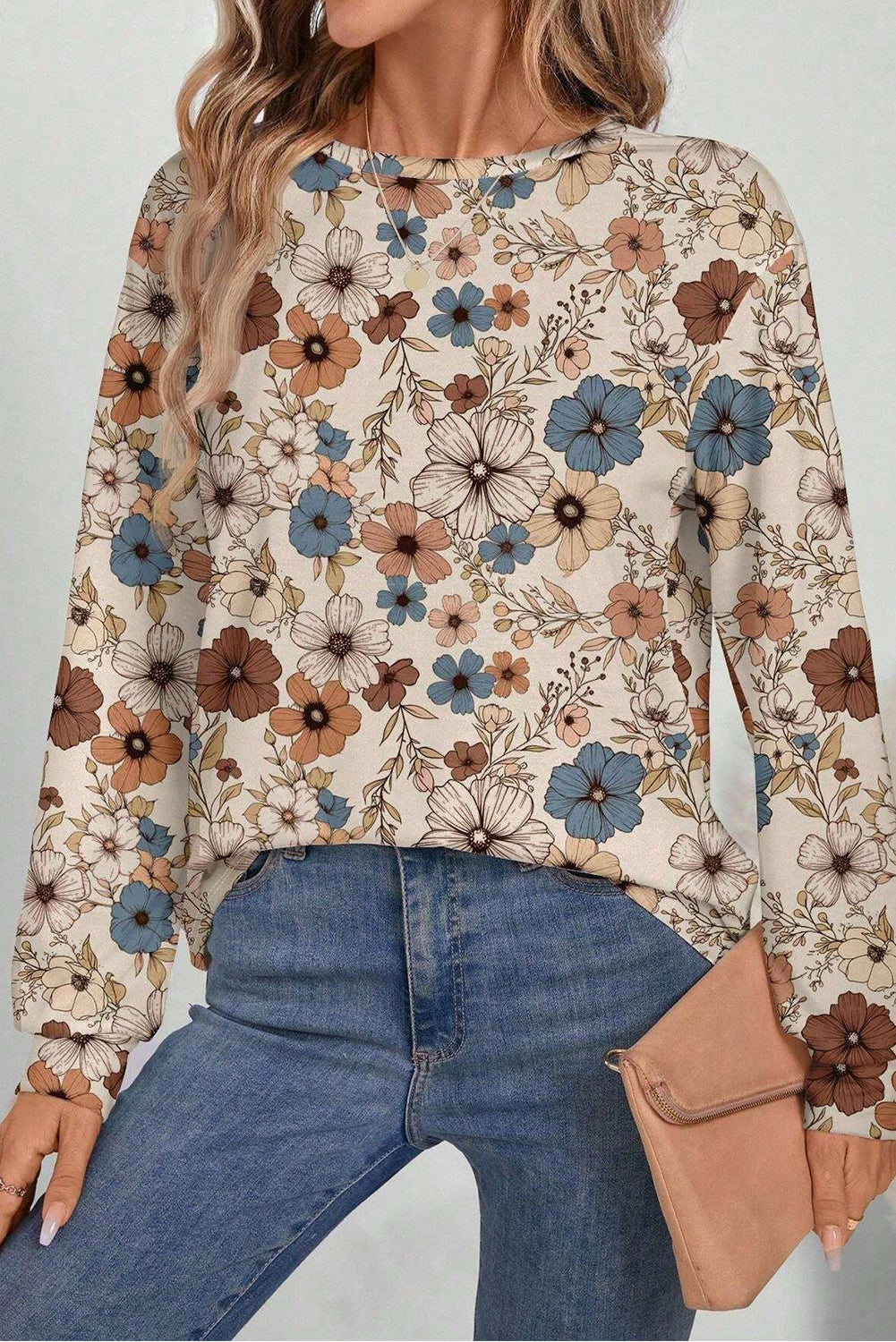PRE-ORDER: Khaki Allover Floral Print Crew Neck Long Sleeve Top