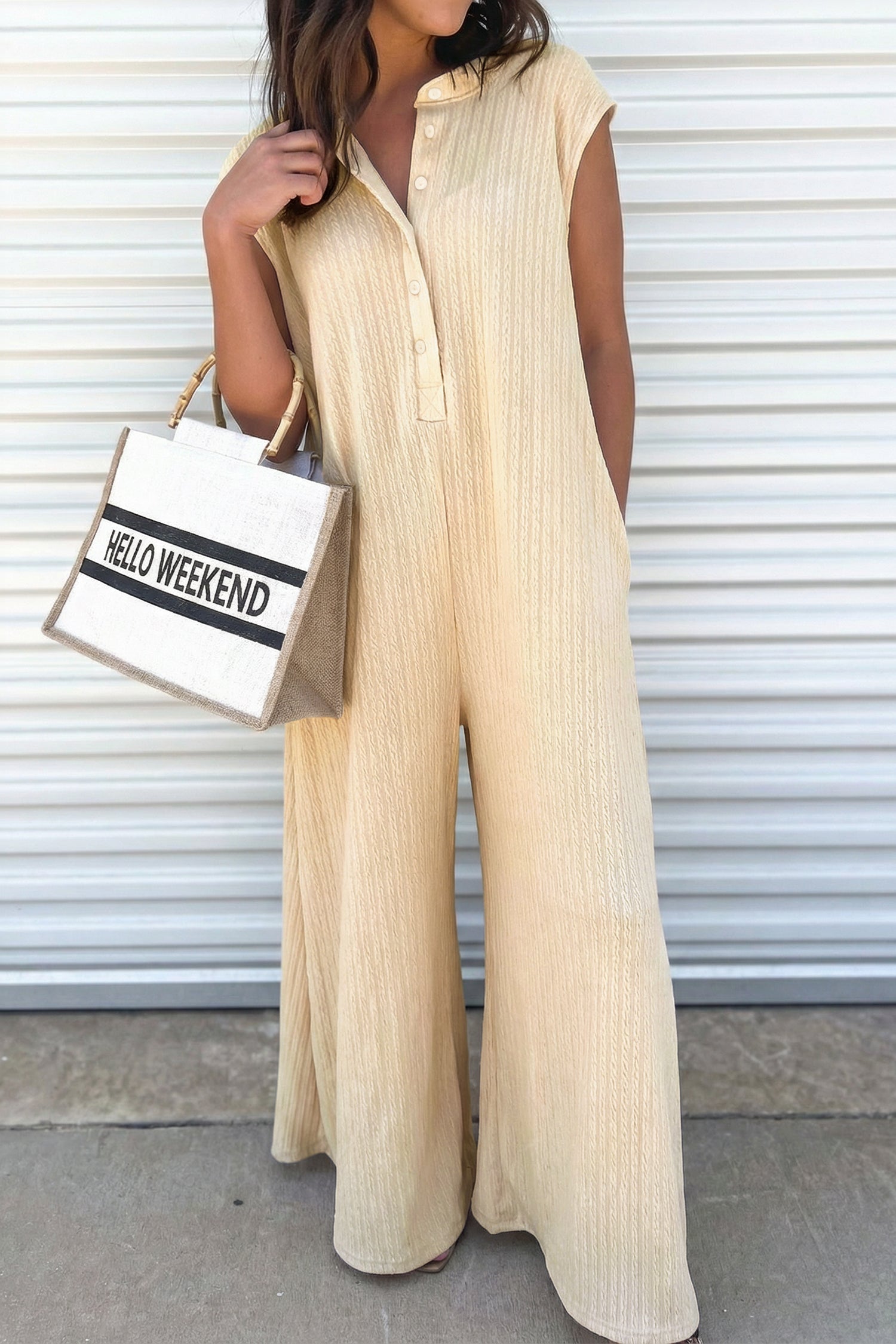 PRE-ORDER: Jet Stream Half Buttons Ribbed Knit Wide Leg Jumpsuit