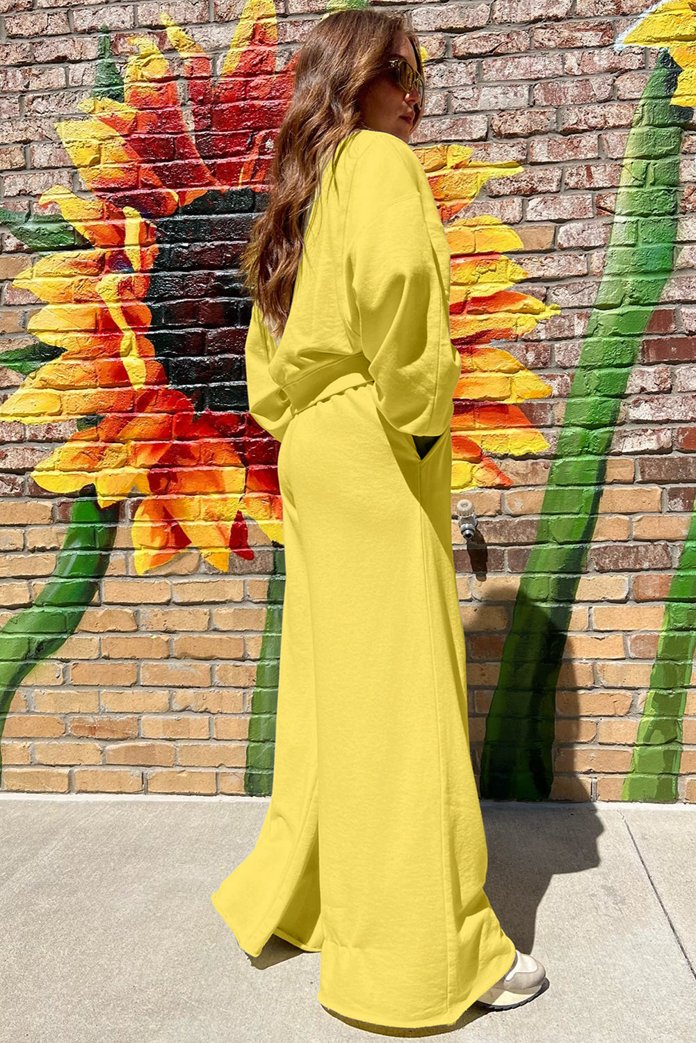 Drop Shoulder Crop Pullover Drawstring Wide Leg Pants Set