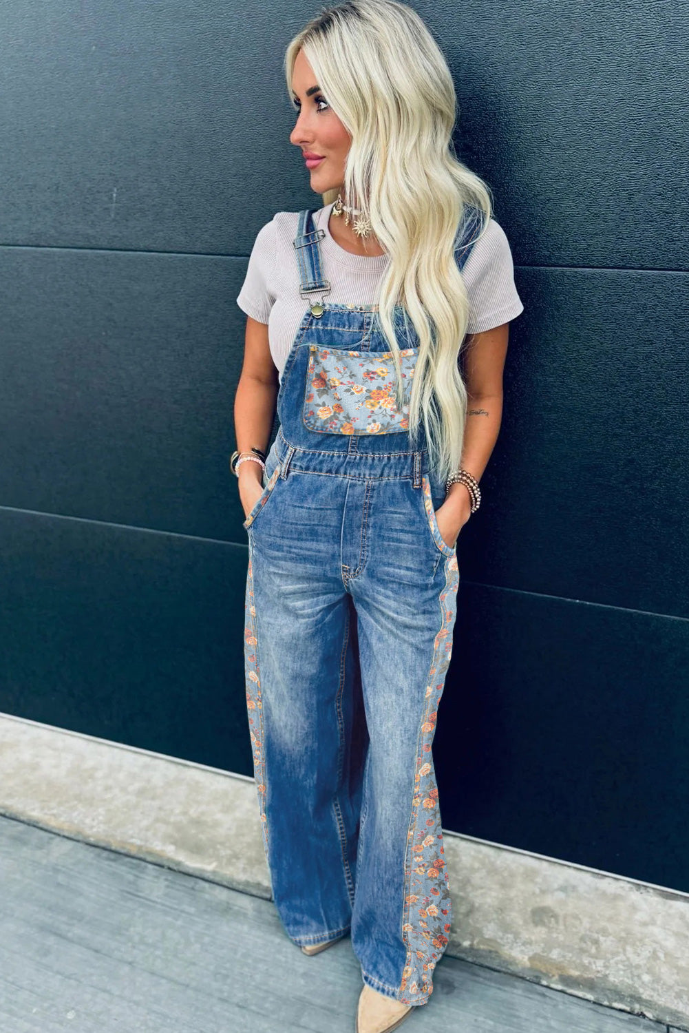 PRE-ORDER: Blue Floral Patchwork Bib Denim Wide Leg Overalls