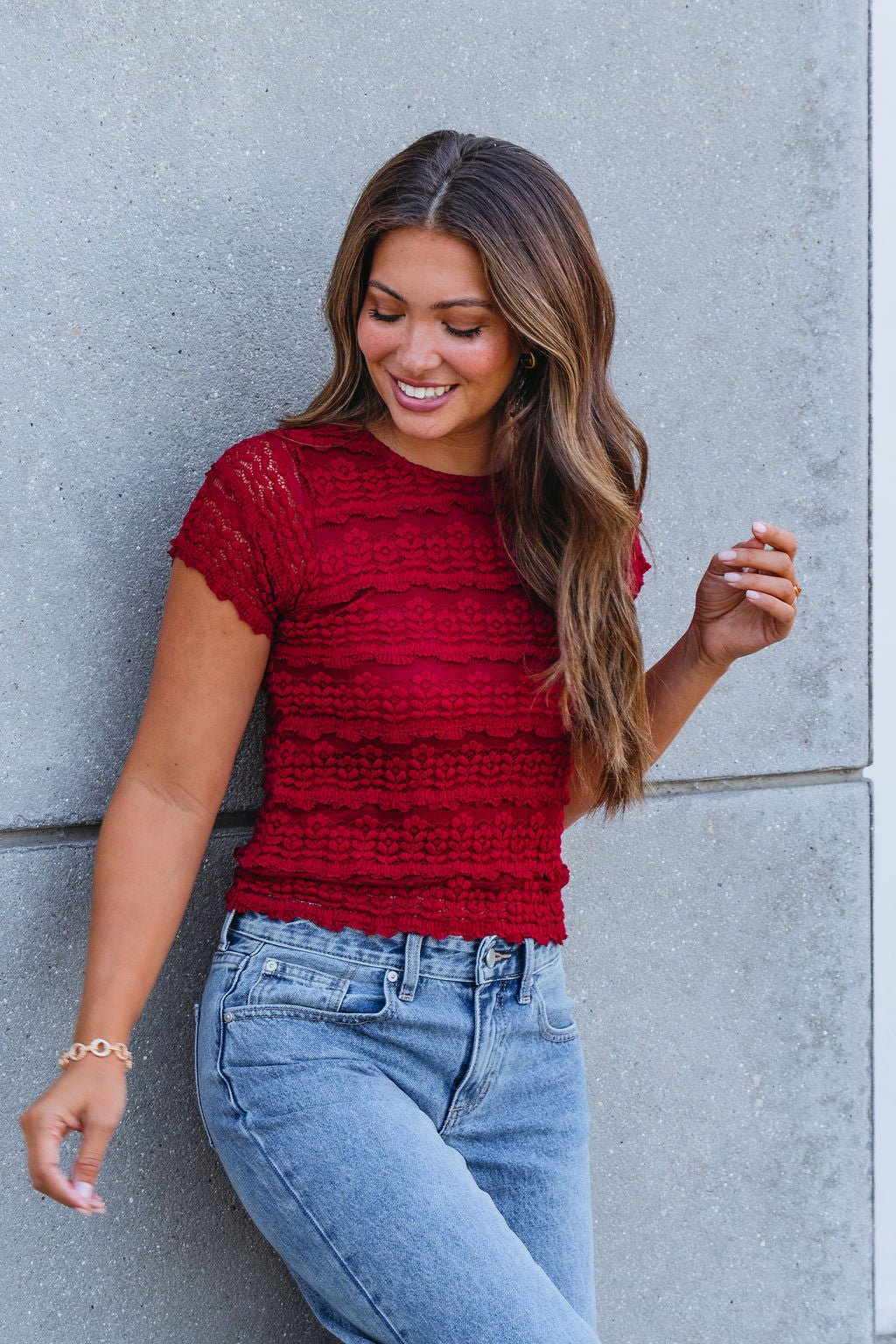 Amara Burgundy High Neck Lace Top