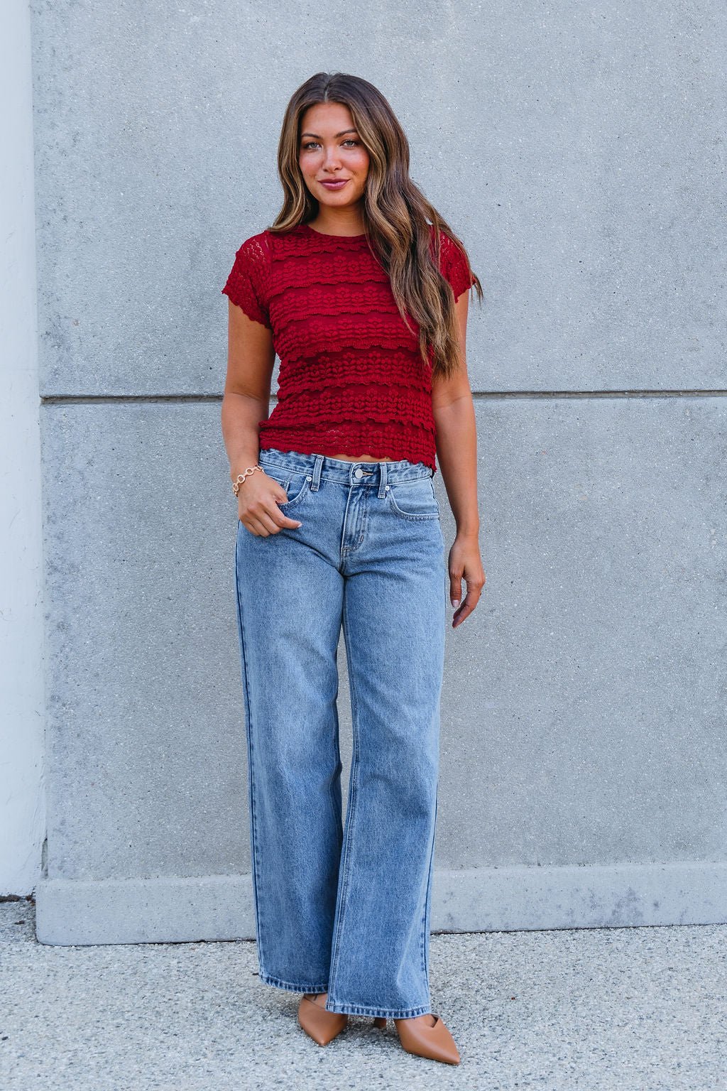 Amara Burgundy High Neck Lace Top