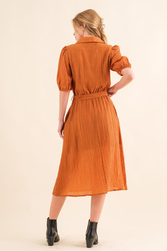 Elegant You Rust Textured Short Sleeve Tie Belt Dress