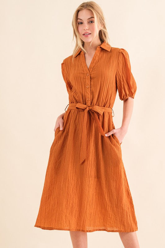 Elegant You Rust Textured Short Sleeve Tie Belt Dress